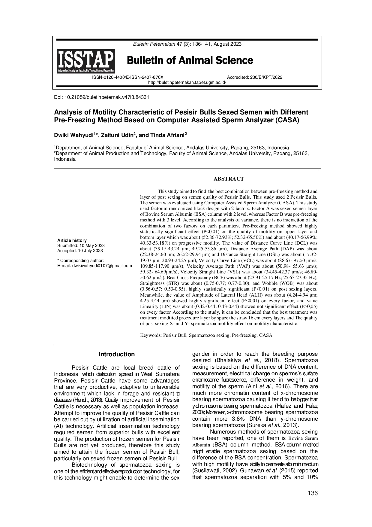 JURIS Analysis of Motility Characteristic of Pesisir Bulls Sexed Semen with Different Pre Freezing Method Based on Computer Assisted Sperm Analyzer CASA