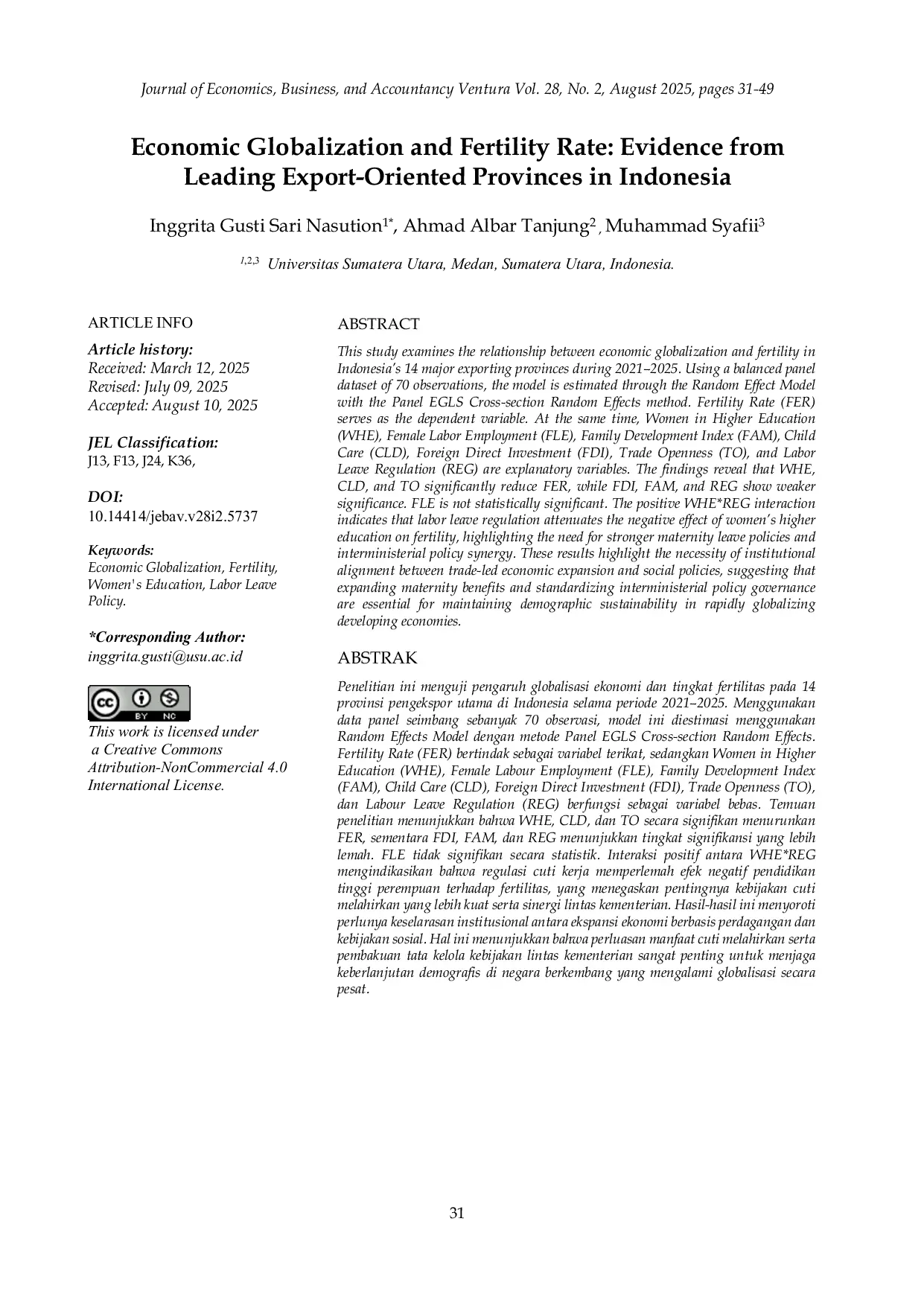 JURIS Economic Globalization and Fertility Rate Evidence from Leading Export Oriented Provinces in Indonesia
