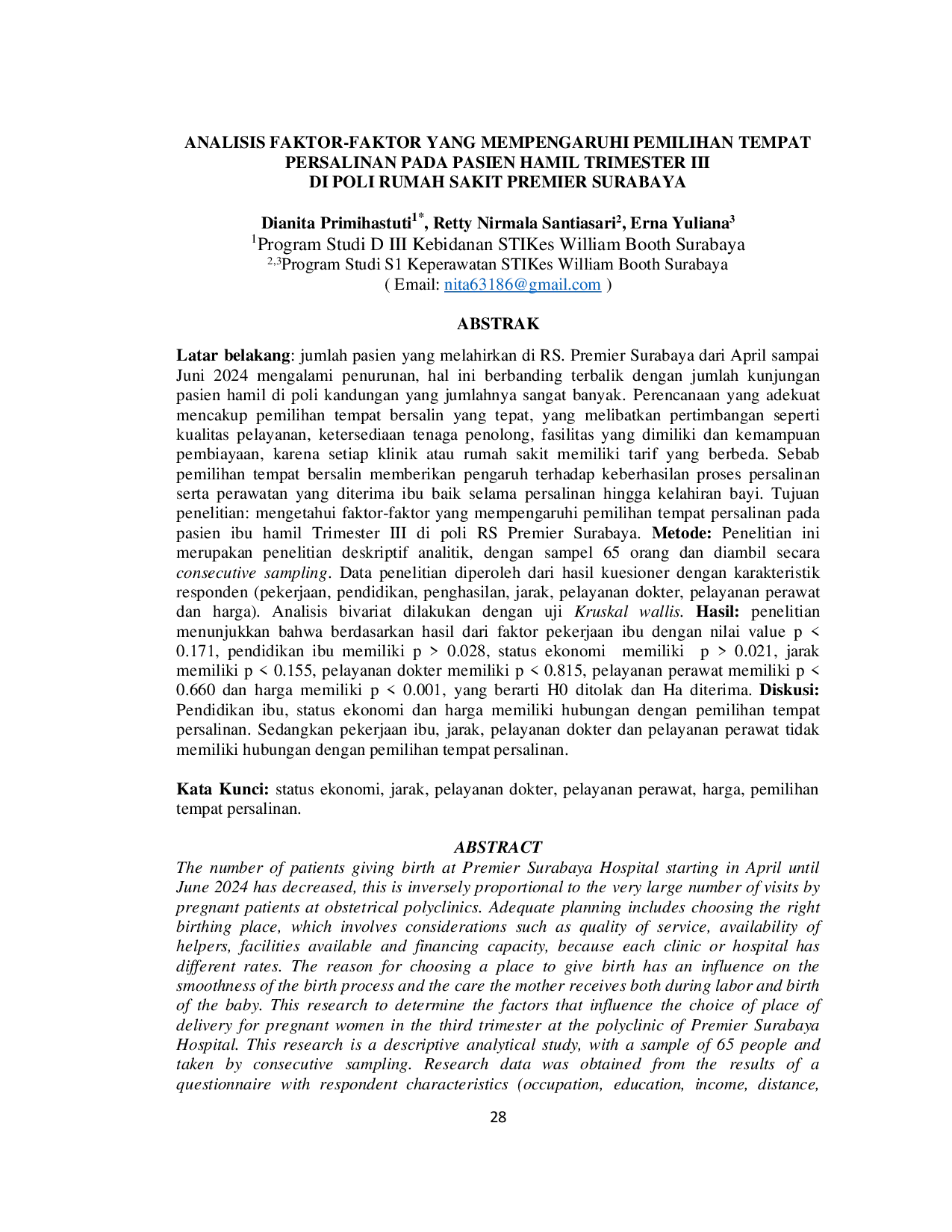 JURIS Analisis Faktor Faktor Yang Mempengaruhi Pemilihan Tempat Persalinan Pada Pasien Hamil Trimester III Di Poli Rumah Sakit Premier Surabaya