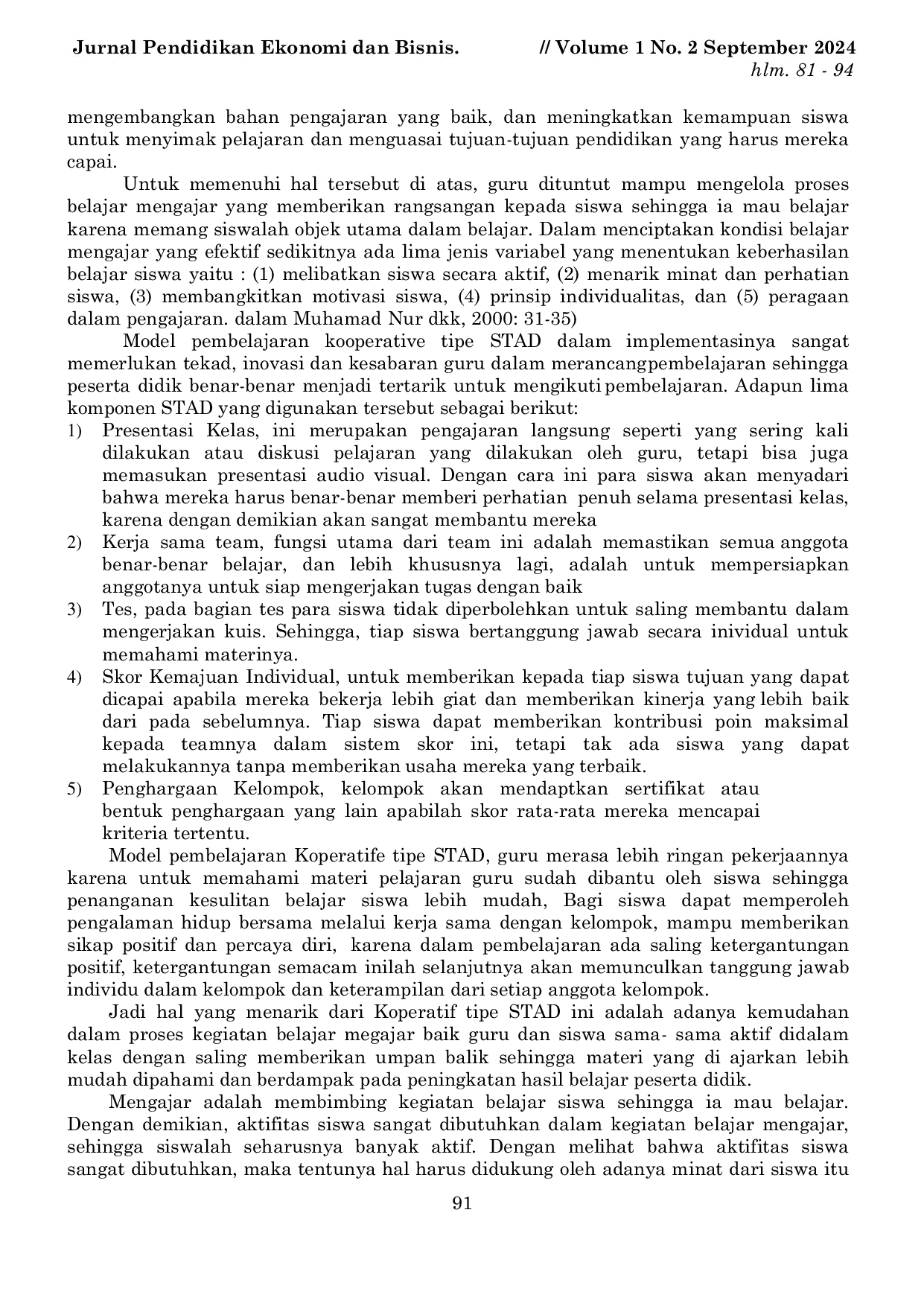 JURIS Pengaruh Model Cooperative Learning Tipe Stad Terhadap Hasil Belajar Siswa Mata Pelajaran Ekonomi Kelas Xi IPS 2 di SMA Negeri 1 Telaga Kecamatan Telaga Kabupaten Gorontalo