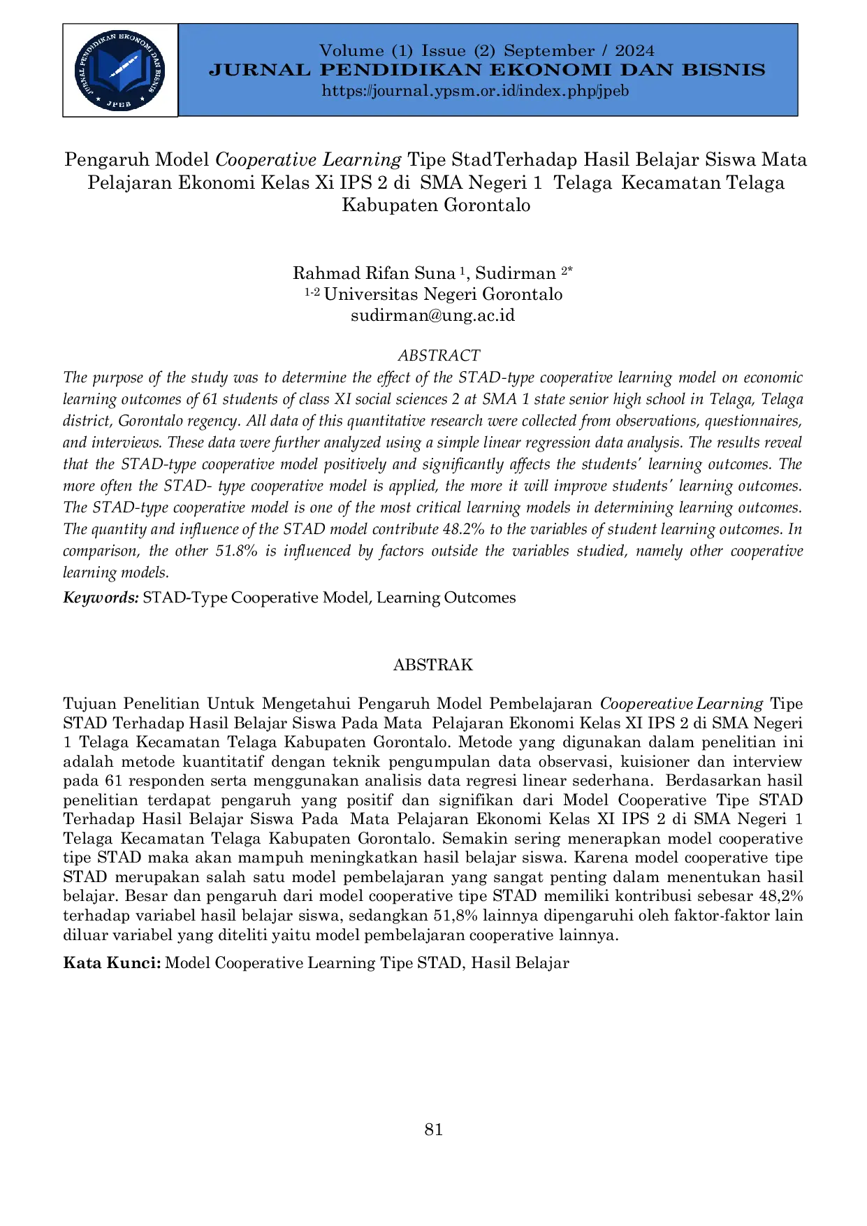 JURIS Pengaruh Model Cooperative Learning Tipe Stad Terhadap Hasil Belajar Siswa Mata Pelajaran Ekonomi Kelas Xi IPS 2 di SMA Negeri 1 Telaga Kecamatan Telaga Kabupaten Gorontalo