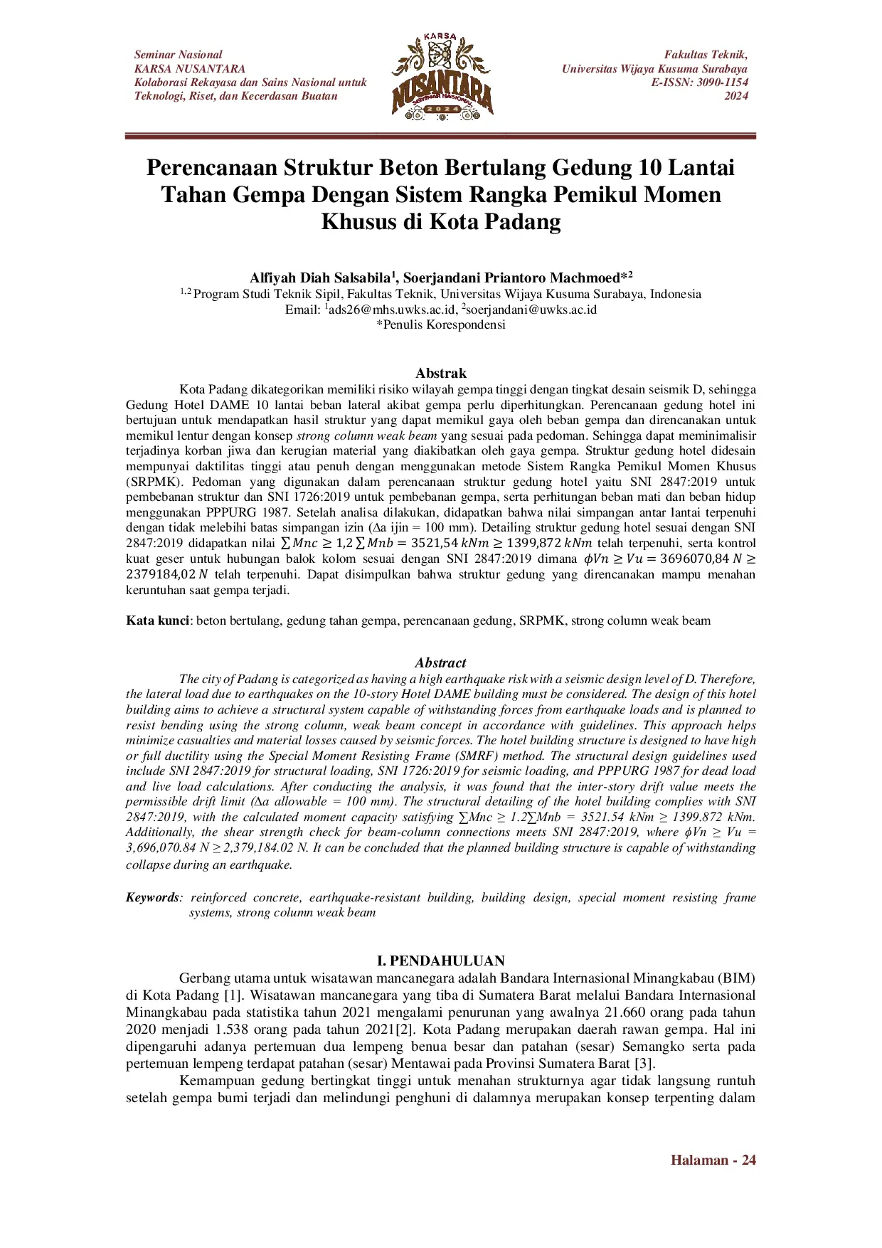JURIS Perencanaan Struktur Beton Bertulang Gedung 10 Lantai Tahan Gempa Dengan Sistem Rangka Pemikul Momen Khusus di Kota Padang