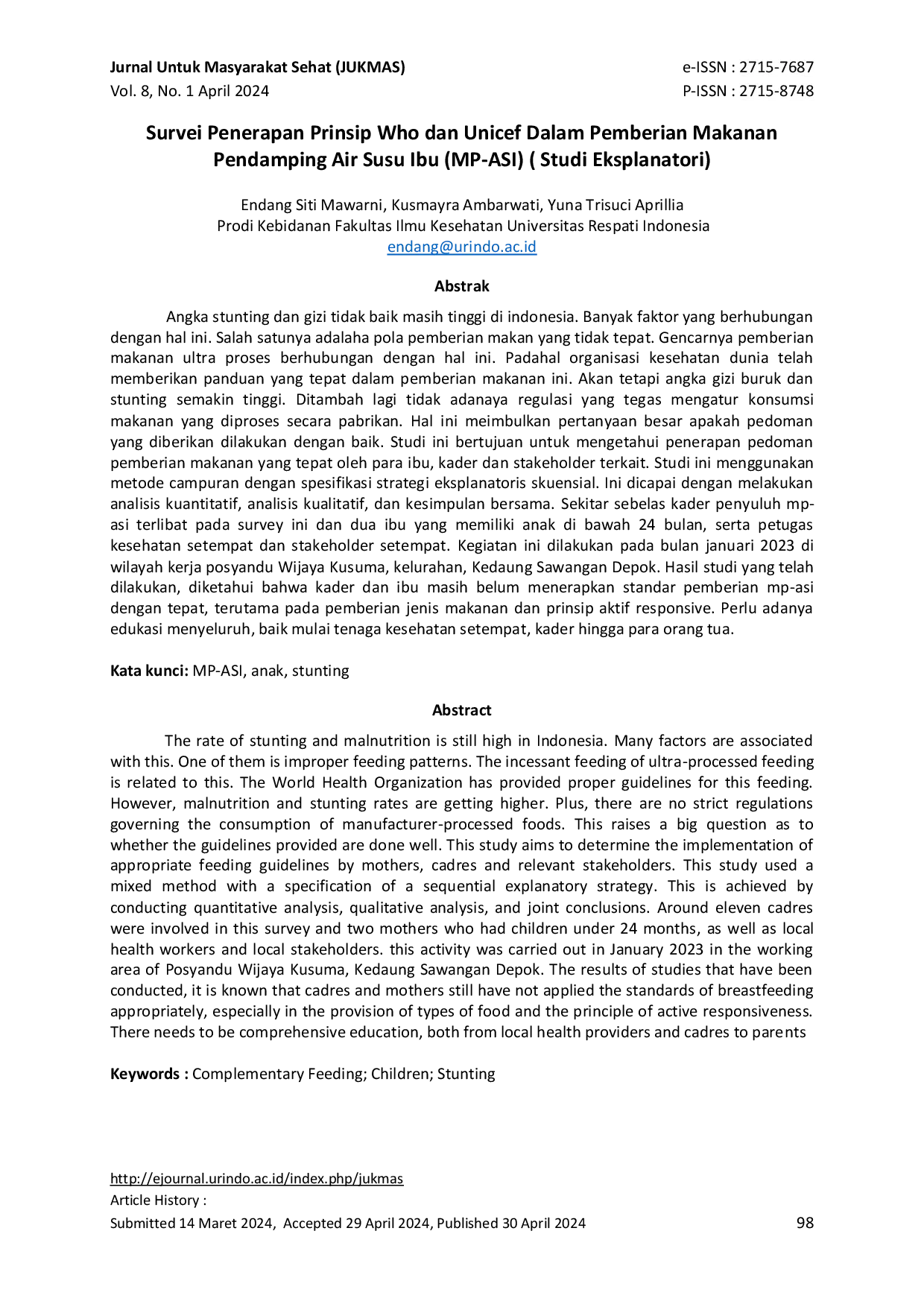 JURIS Survei Penerapan Prinsip Who dan Unicef Dalam Pemberian Makanan Pendamping Air Susu Ibu MP ASI Studi Eksplanatori