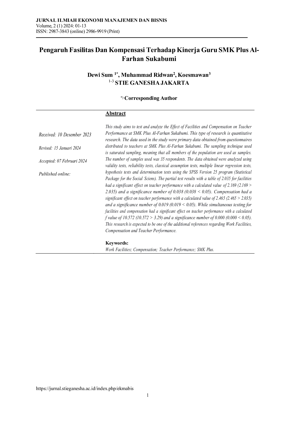 JURIS Pengaruh Fasilitas Dan Kompensasi Terhadap Kinerja Guru SMK Plus Al Farhan Sukabumi