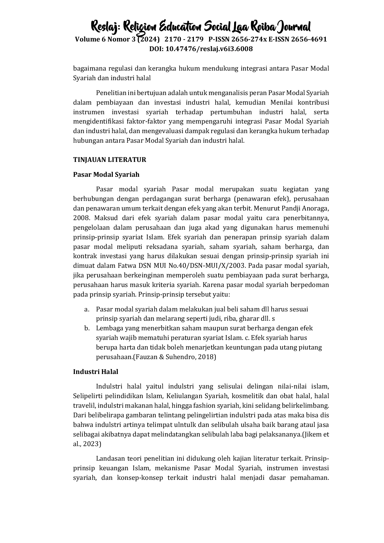 JURIS Pasar Modal Syariah sebagai Pilar Pendukung Pertumbuhan Industri Halal Sebuah Tinjauan Komprehensif