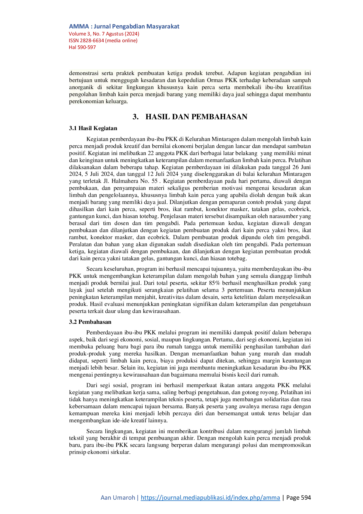 JURIS Pemanfaatan Limbah Kain Perca Menjadi Produk Yang Memiliki Nilai Jual Pada Ibu Ibu PKK Kelurahan Mintaragen Kota Tegal