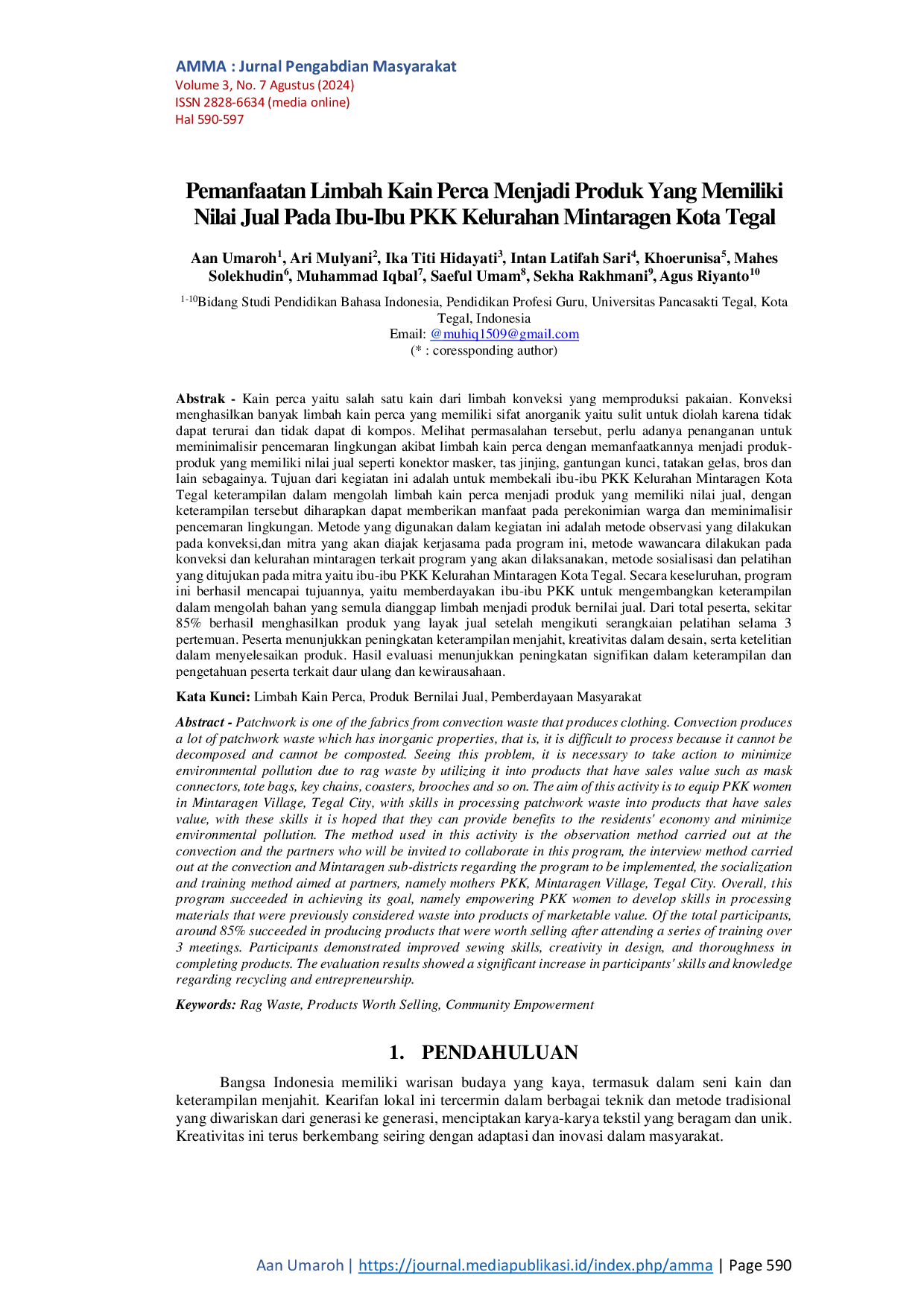 JURIS Pemanfaatan Limbah Kain Perca Menjadi Produk Yang Memiliki Nilai Jual Pada Ibu Ibu PKK Kelurahan Mintaragen Kota Tegal