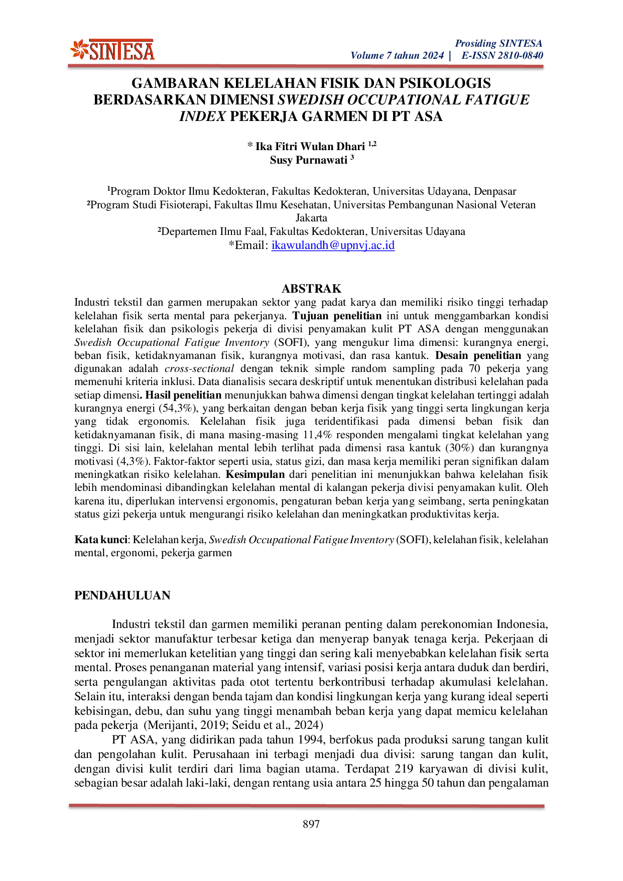 JURIS Gambaran Kelelahan Fisik Dan Psikologis Berdasarkan Dimensi Swedish Occupational Fatigue Index Pekerja Garmen Di Pt Asa