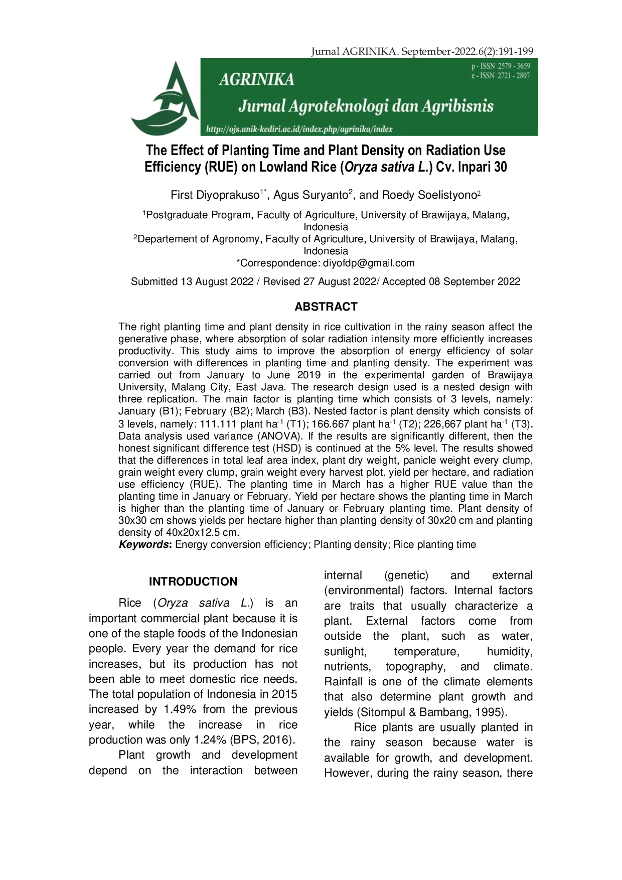 JURIS The Effect of Planting Time and Plant Density on Radiation Use Efficiency RUE on Lowland Rice Oryza sativa L Cv Inpari 30