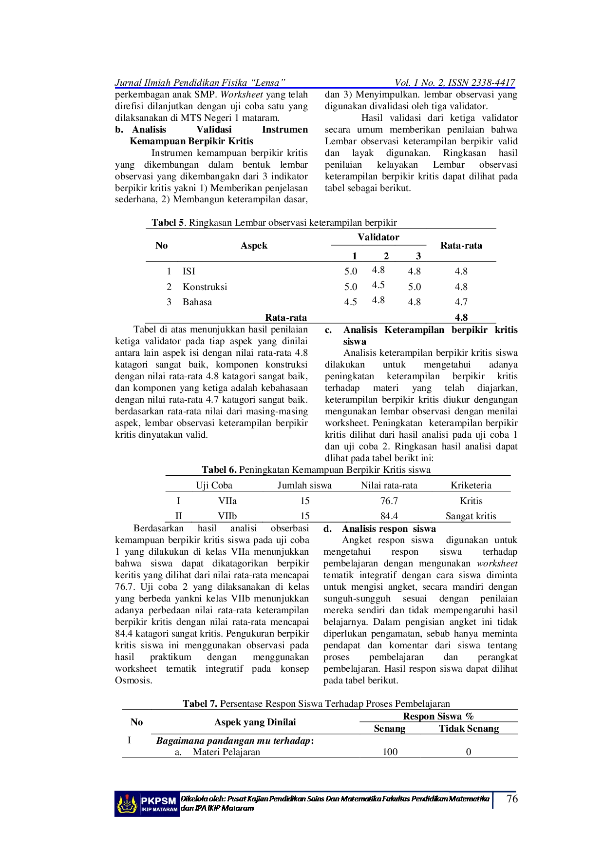 JURIS Pengembangan Worksheet Tematik Integratif Pada Mata Pelajaran IPA Terpadu Untuk Menumbuhkan Keterampilan Berpikir Keritis Siswa