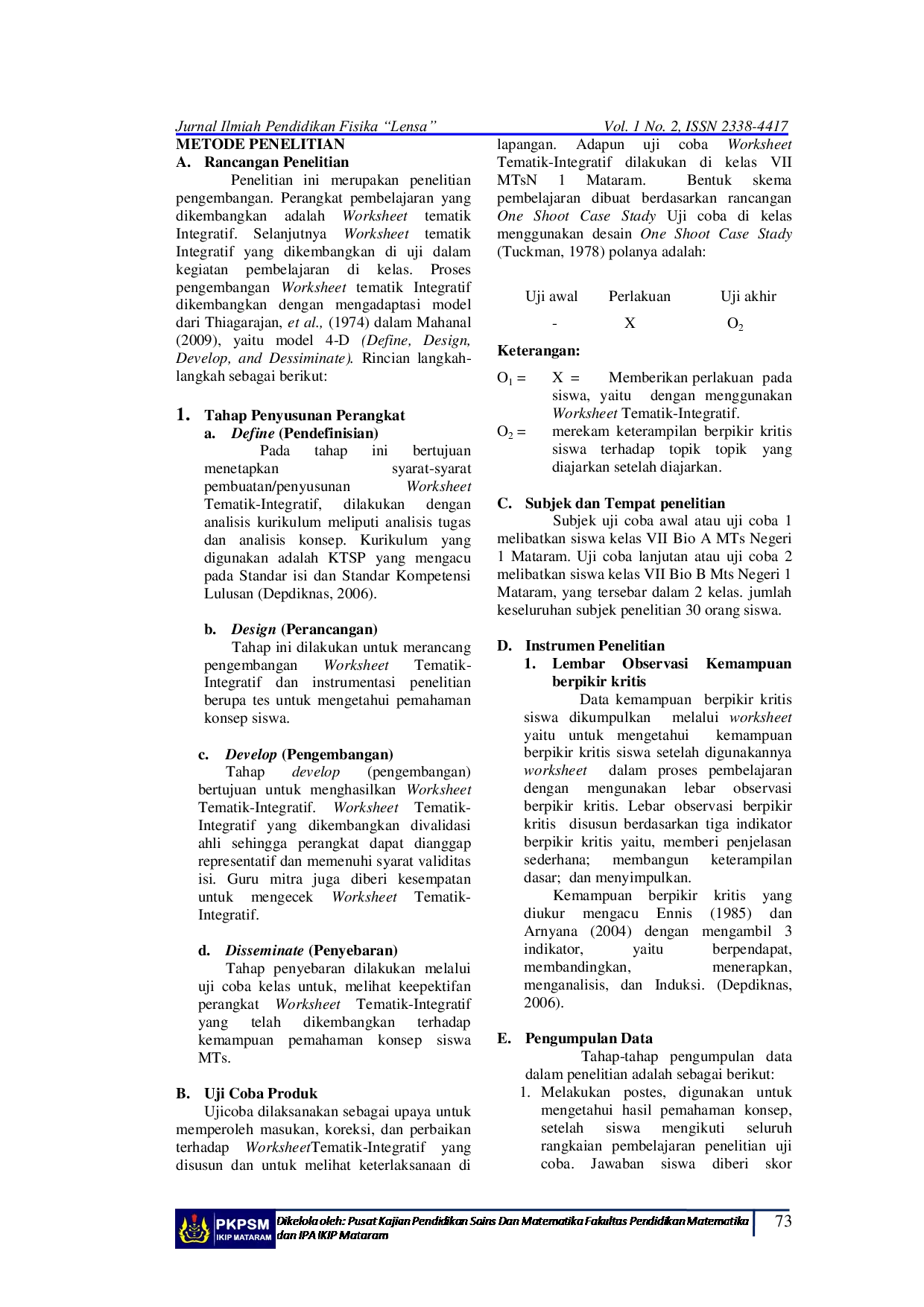 JURIS Pengembangan Worksheet Tematik Integratif Pada Mata Pelajaran IPA Terpadu Untuk Menumbuhkan Keterampilan Berpikir Keritis Siswa