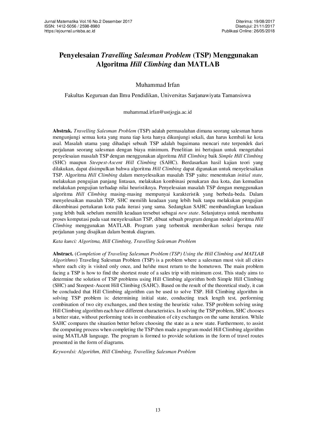 JURIS Penyelesaian Travelling Salesman Problem TSP Menggunakan Algoritma Hill Climbing dan MATLAB