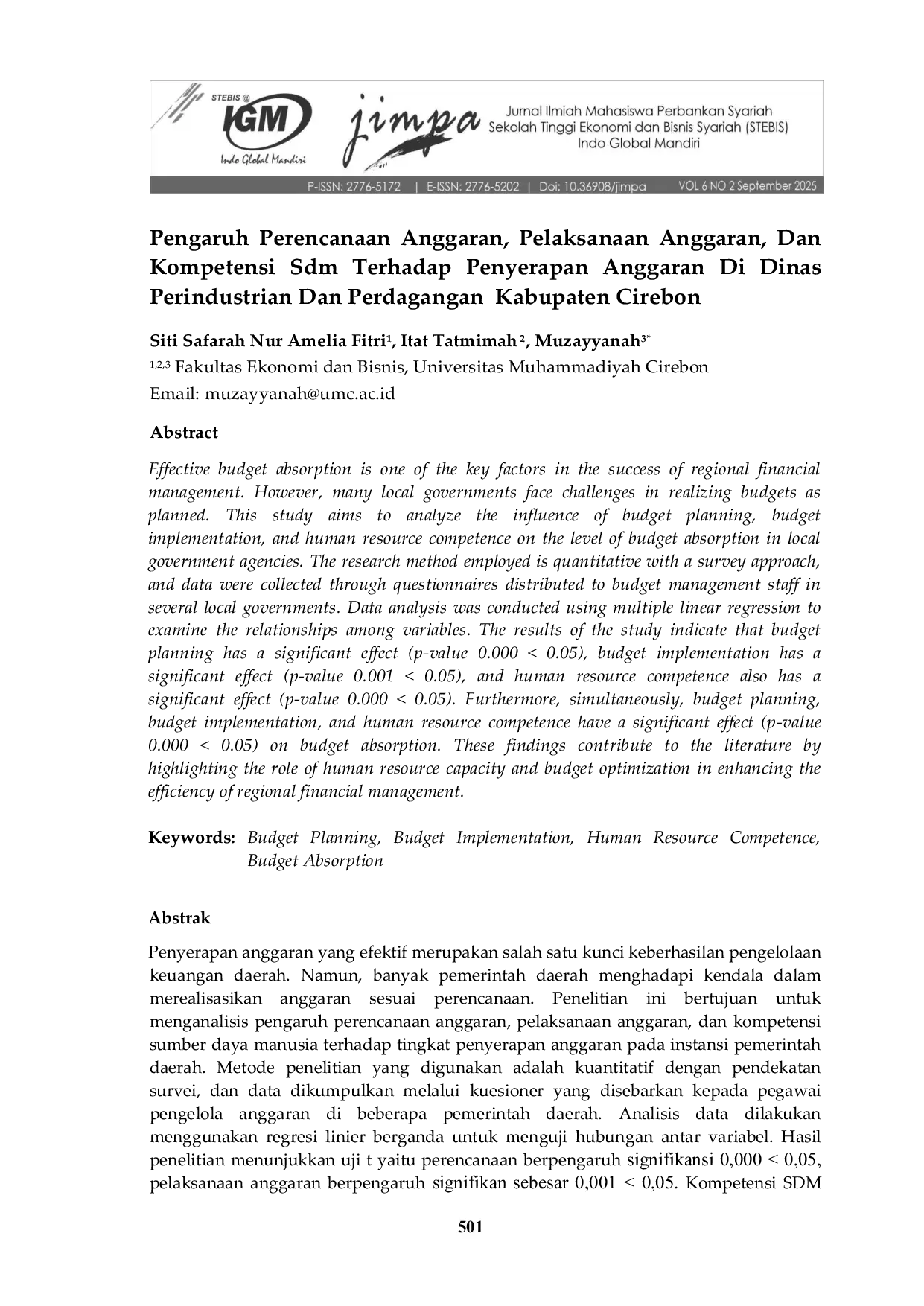 JURIS Pengaruh Perencanaan Anggaran Pelaksanaan Anggaran Dan Kompetensi Sdm Terhadap Penyerapan Anggaran Di Dinas Perindustrian Dan Perdagangan Kabupaten Cirebon