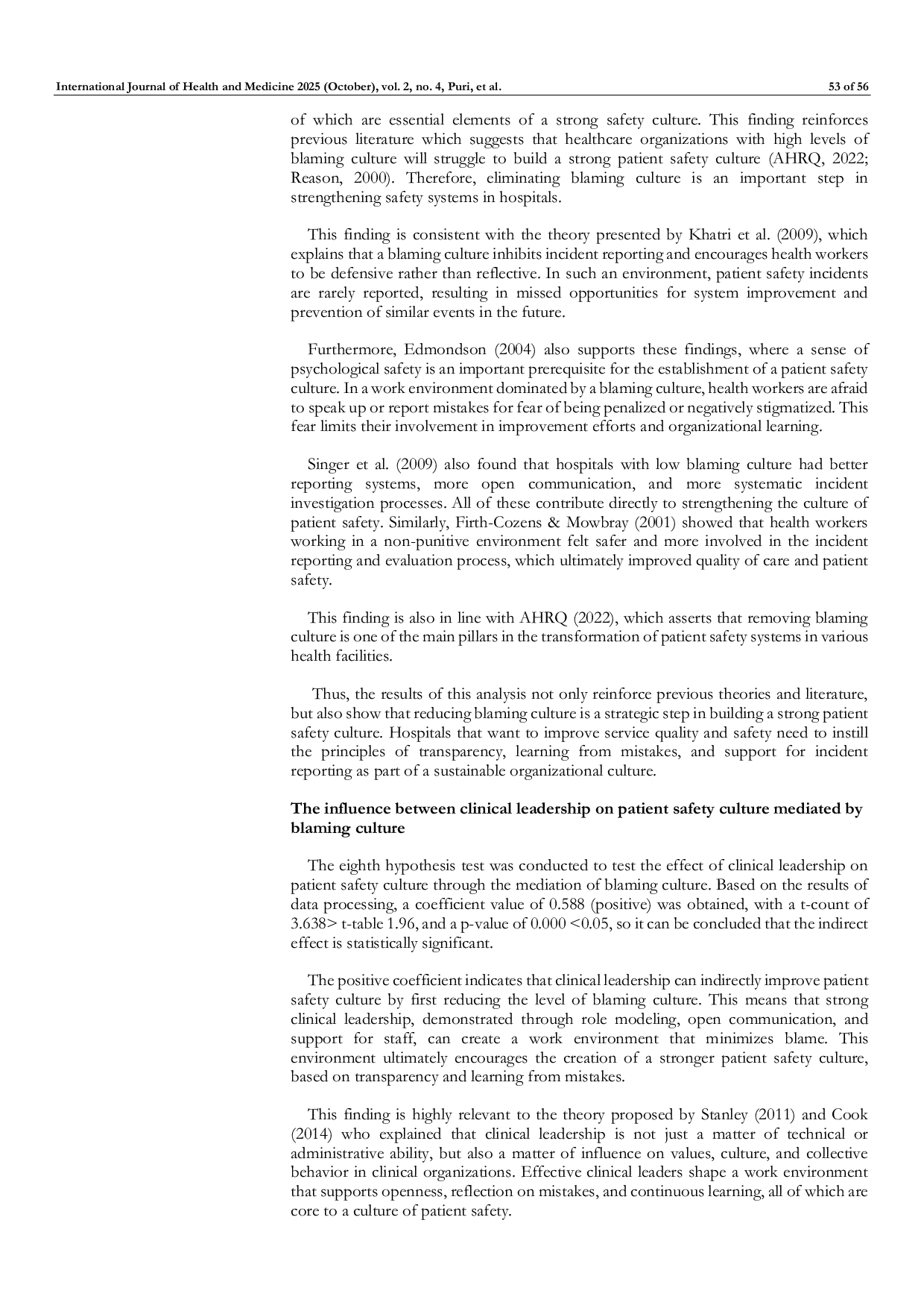 JURIS The Influence of Clinical Leadership and Reporting Intensity on Patient Safety Culture The Mediating Role of Blaming Culture in Hospitals