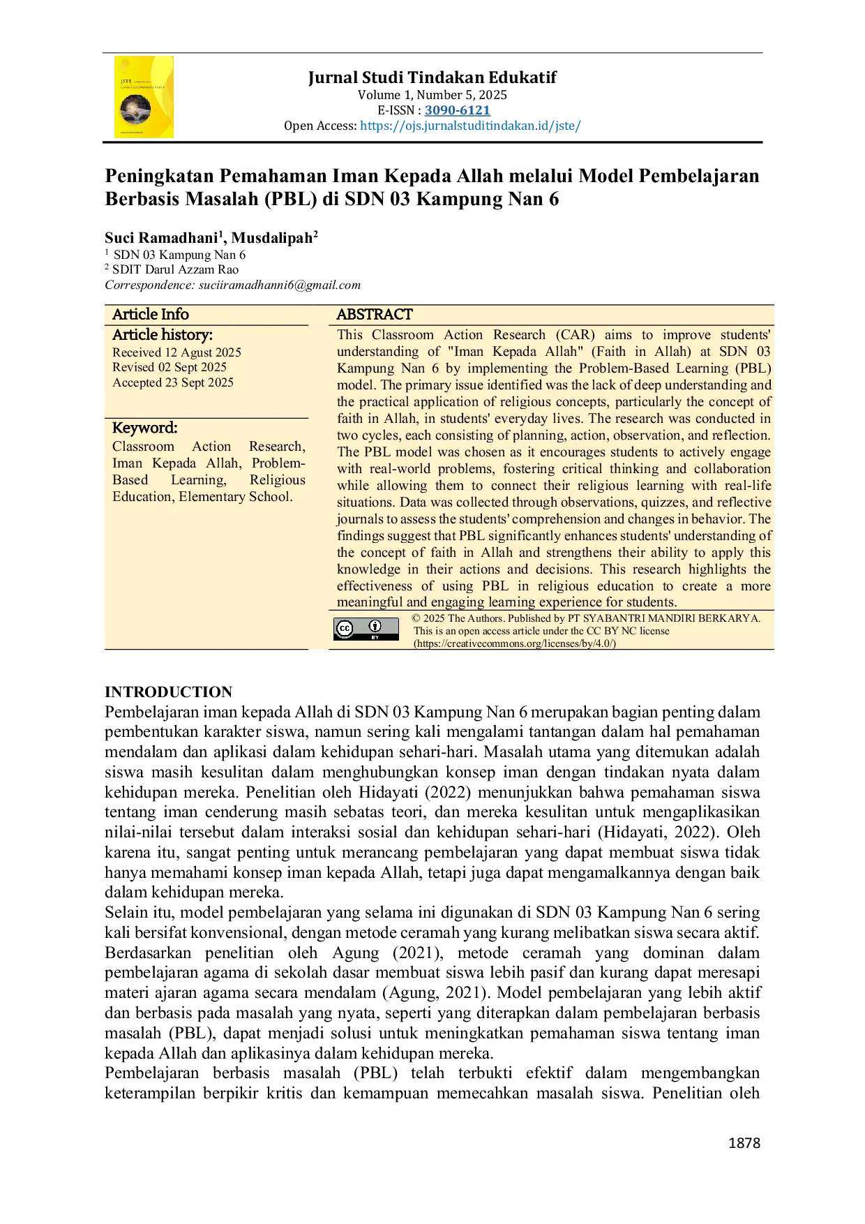 JURIS Peningkatan Pemahaman Iman Kepada Allah melalui Model Pembelajaran Berbasis Masalah PBL di SDN 03 Kampung Nan 6