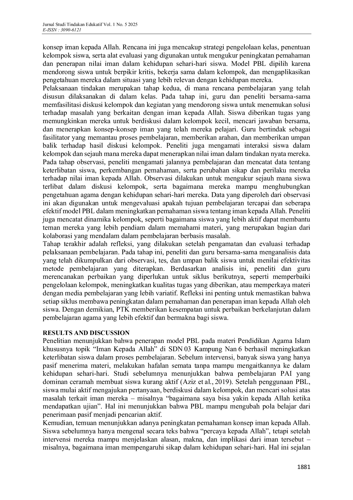 JURIS Peningkatan Pemahaman Iman Kepada Allah melalui Model Pembelajaran Berbasis Masalah PBL di SDN 03 Kampung Nan 6