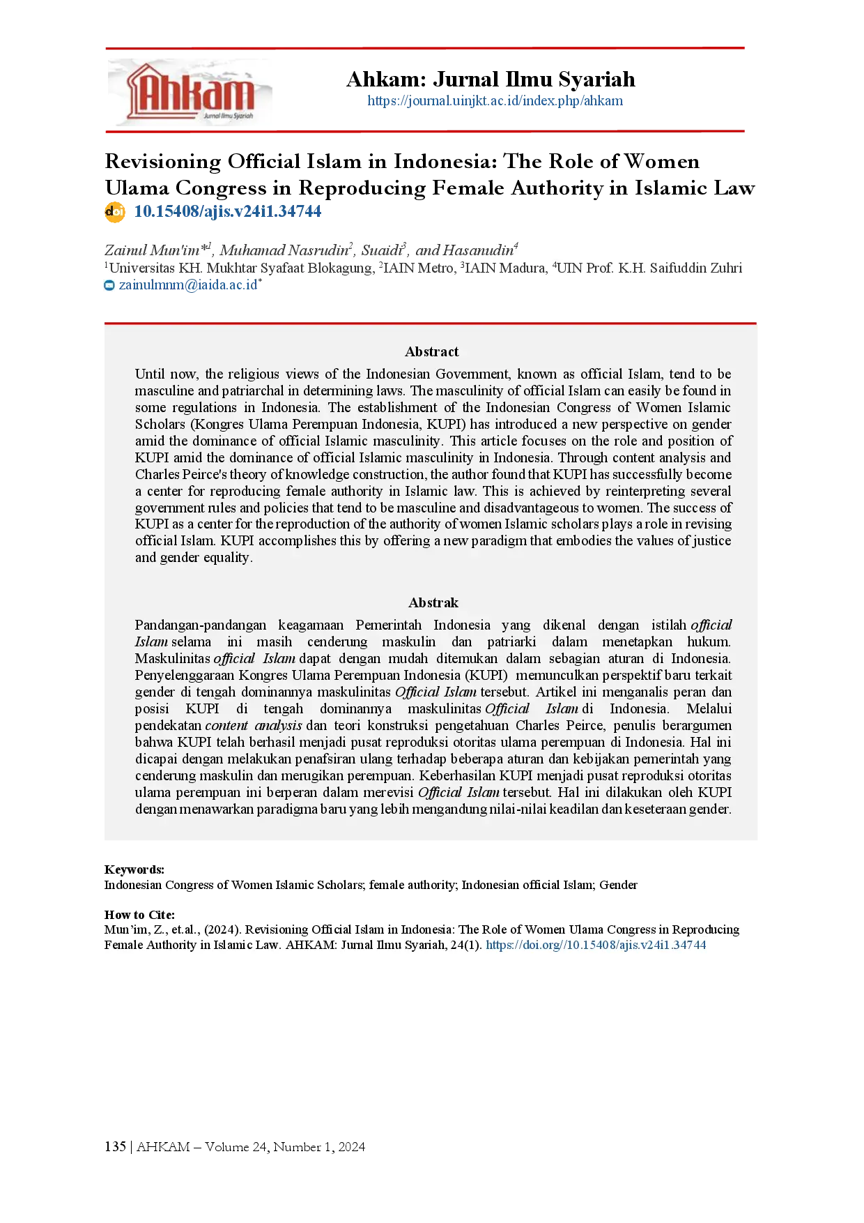 juris Revisioning Official Islam in Indonesia The Role of Women Ulama Congress in Reproducing Female Authority in Islamic Law