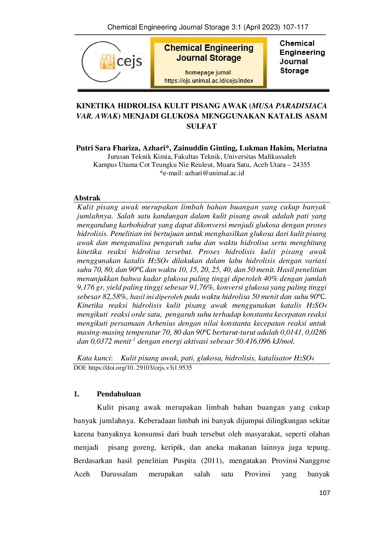 JURIS Kinetika Hidrolisa Kulit Pisang Awak Musa Paradisiaca Var Awak Menjadi Glukosa Menggunakan Katalis Asam Sulfat