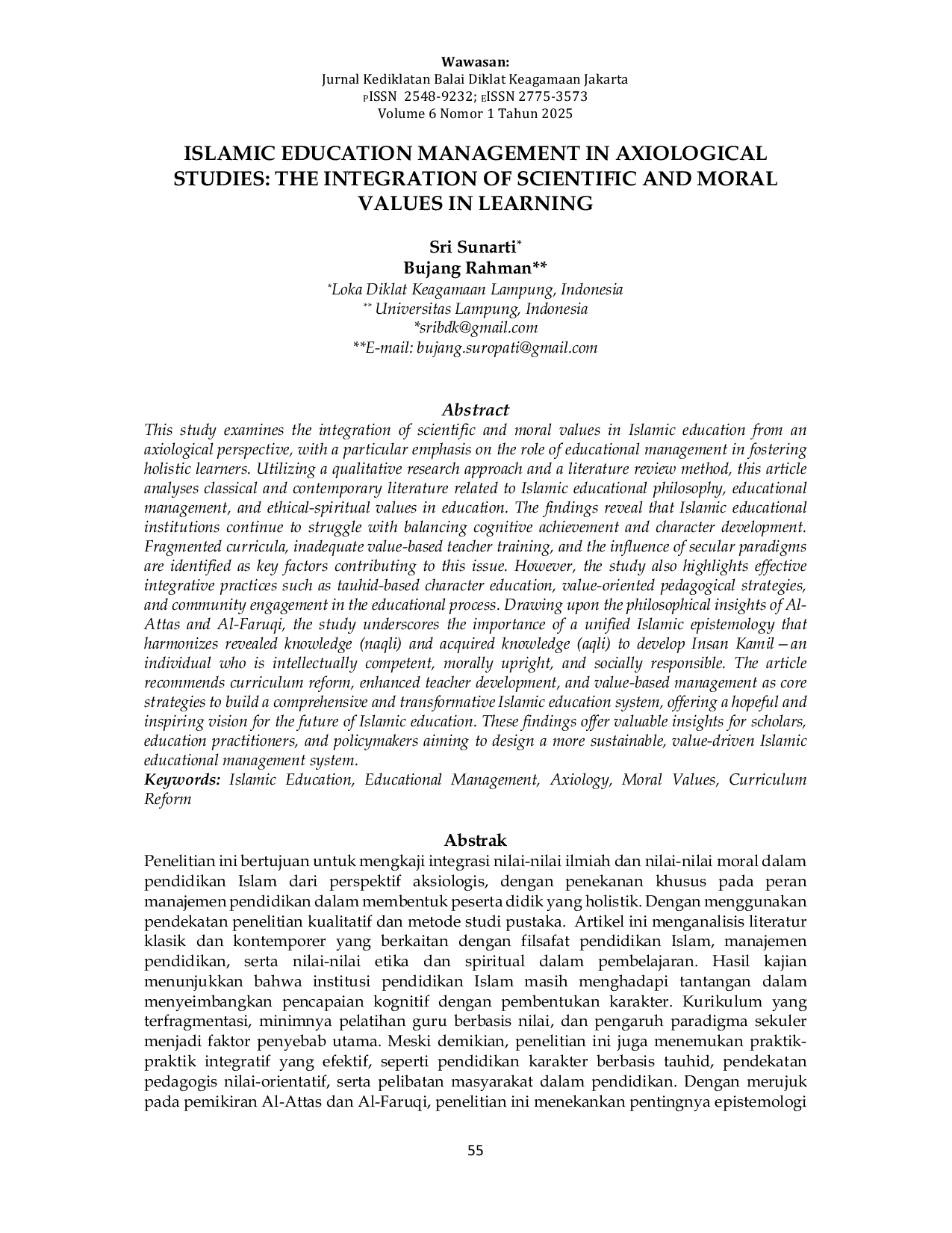 JURIS Islamic Education Management in Axiological Studies The Integration of Scientific and Moral Values in Learning