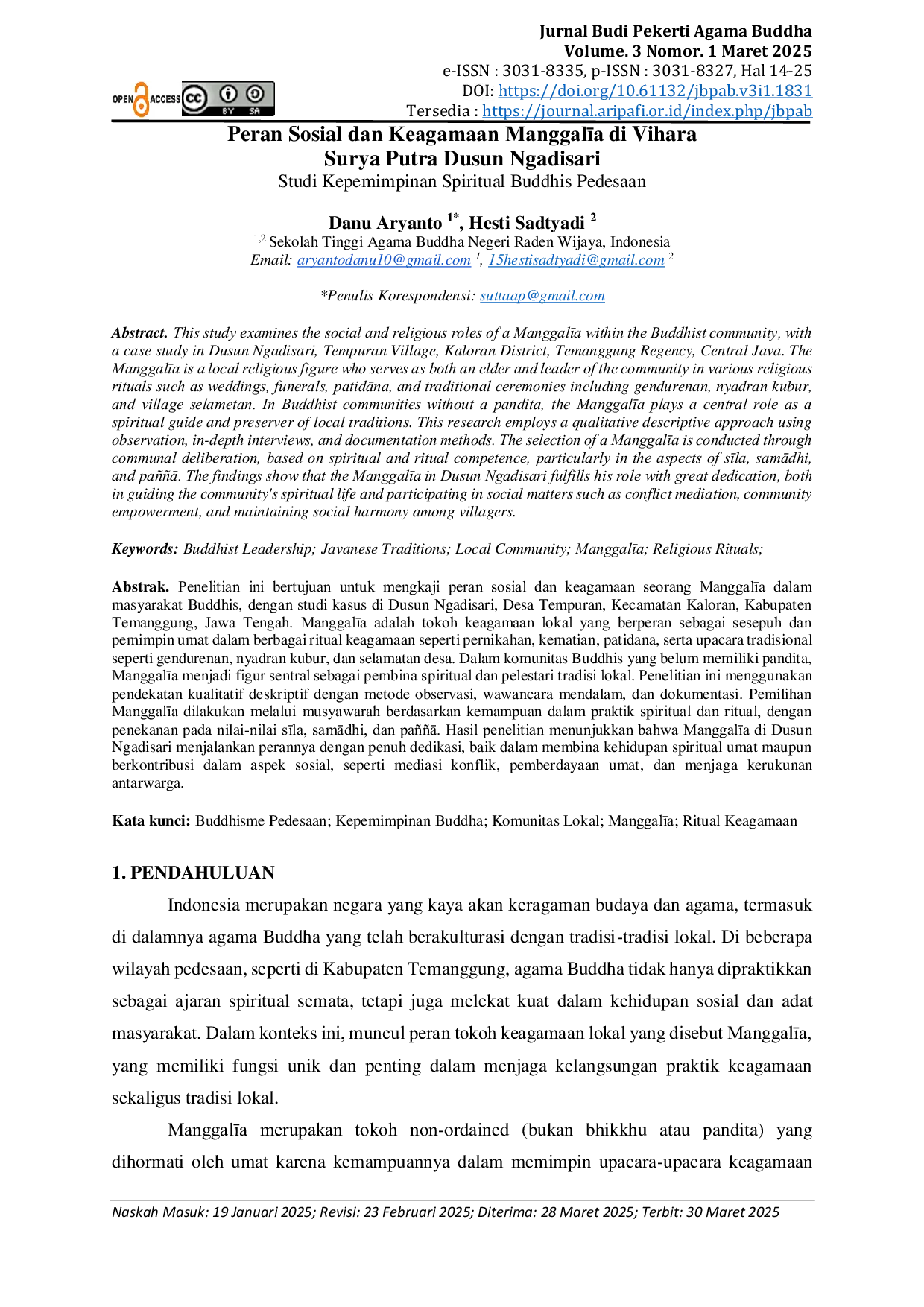 JURIS Peran Sosial dan Keagamaan Manggala di Vihara Surya Putra Dusun Ngadisari Studi Kepemimpinan Spiritual Buddhis Pedesaan