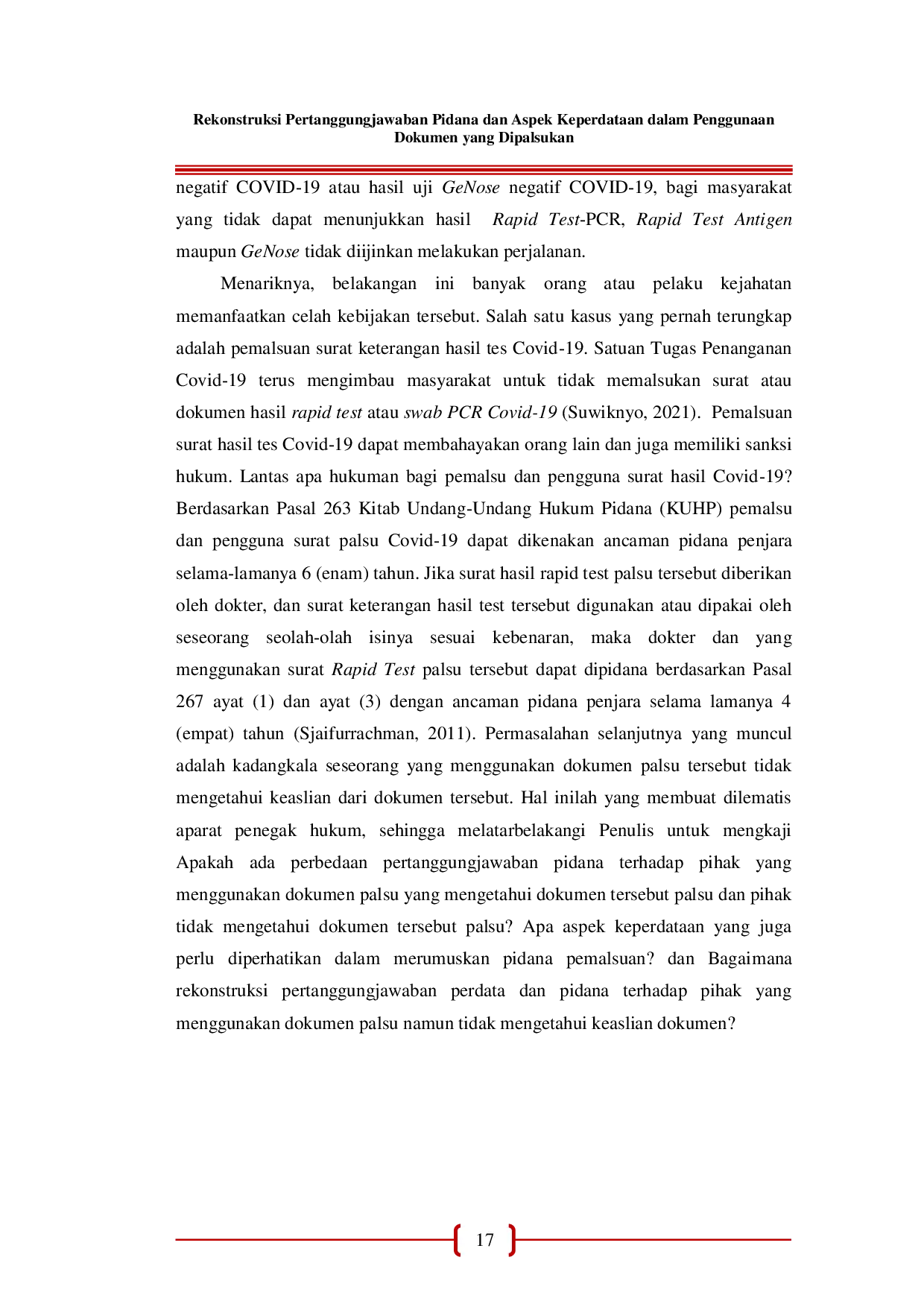 JURIS Rekonstruksi Pertanggungjawaban Pidana dan Aspek Keperdataan dalam Penggunaan Dokumen yang Dipalsukan