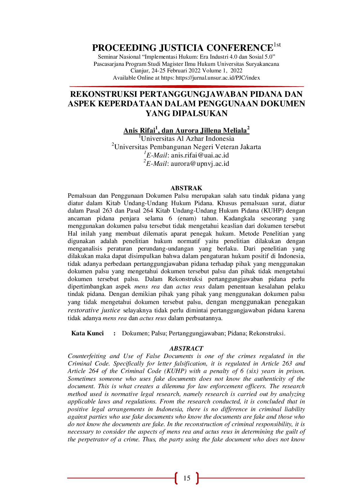 JURIS Rekonstruksi Pertanggungjawaban Pidana dan Aspek Keperdataan dalam Penggunaan Dokumen yang Dipalsukan