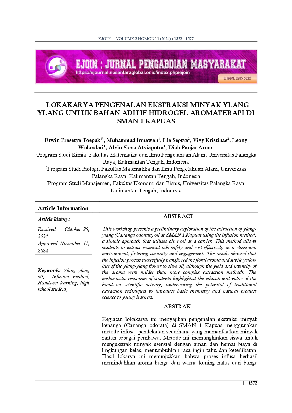 juris Lokakarya Pengenalan Ekstraksi Minyak Ylang Ylang Untuk Bahan Aditif Hidrogel Aromaterapi Di Sman 1 Kapuas