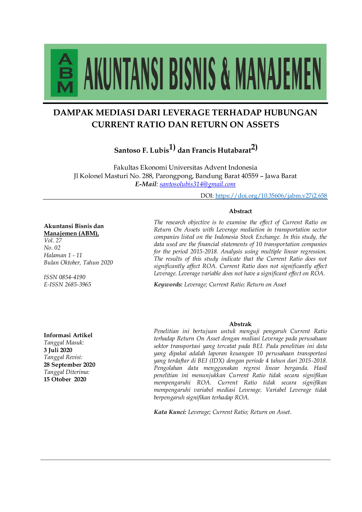 JURIS Dampak Mediasi Dari Leverage Terhadap Hubungan Current Ratio Dan Return On Assets