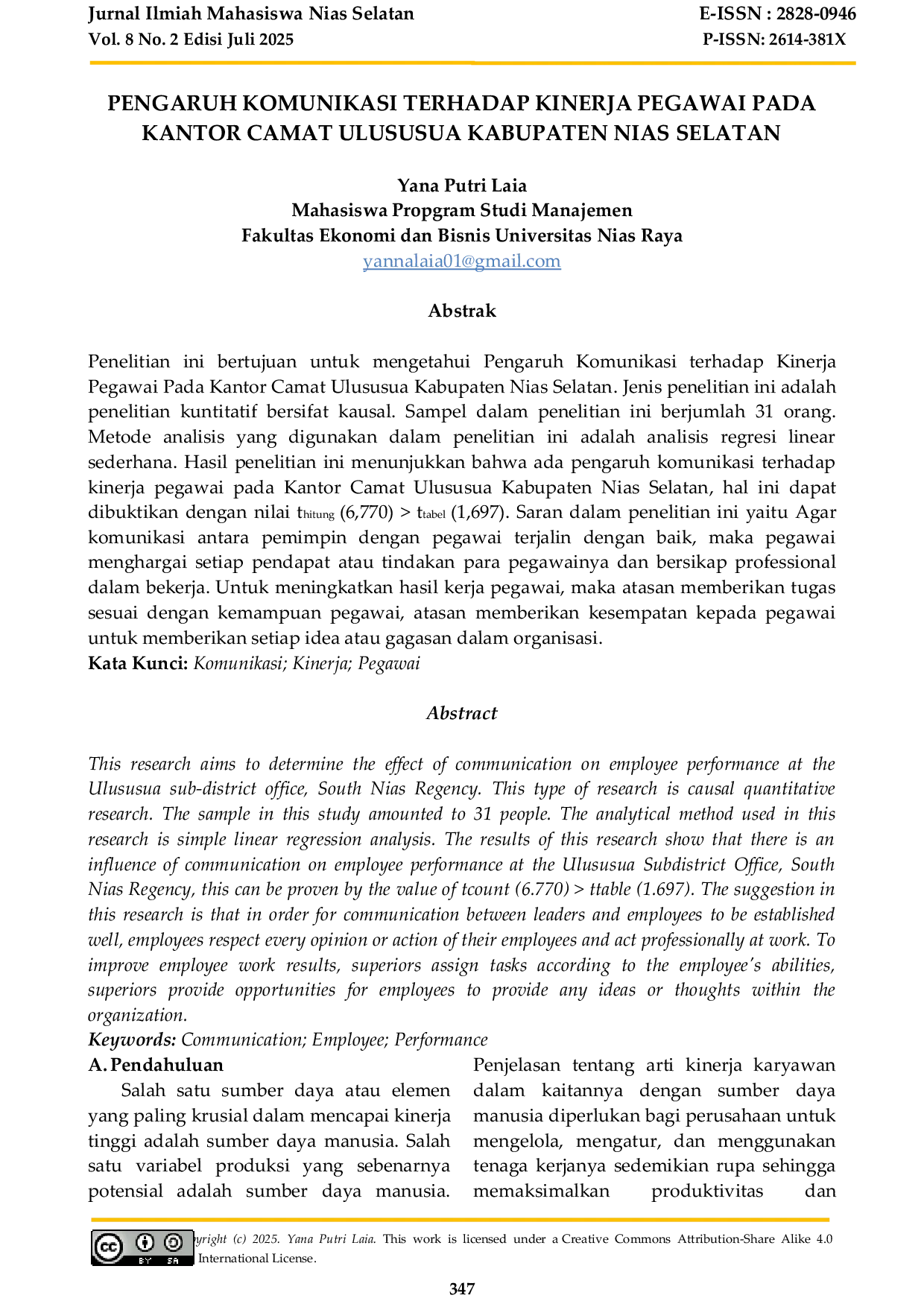 JURIS PENGARUH KOMUNIKASI TERHADAP KINERJA PEGAWAI PADA KANTOR CAMAT ULUSUSUA KABUPATEN NIAS SELATAN