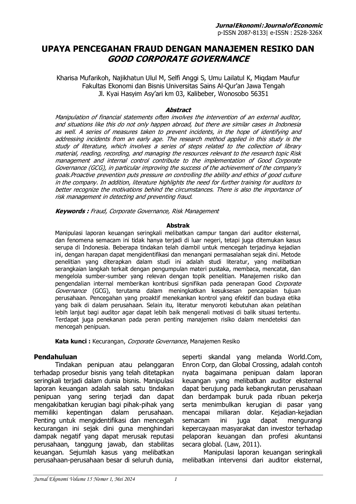 JURIS Upaya Pencegahan Fraud Dengan Manajemen Resiko Dan Good Corporate Governance