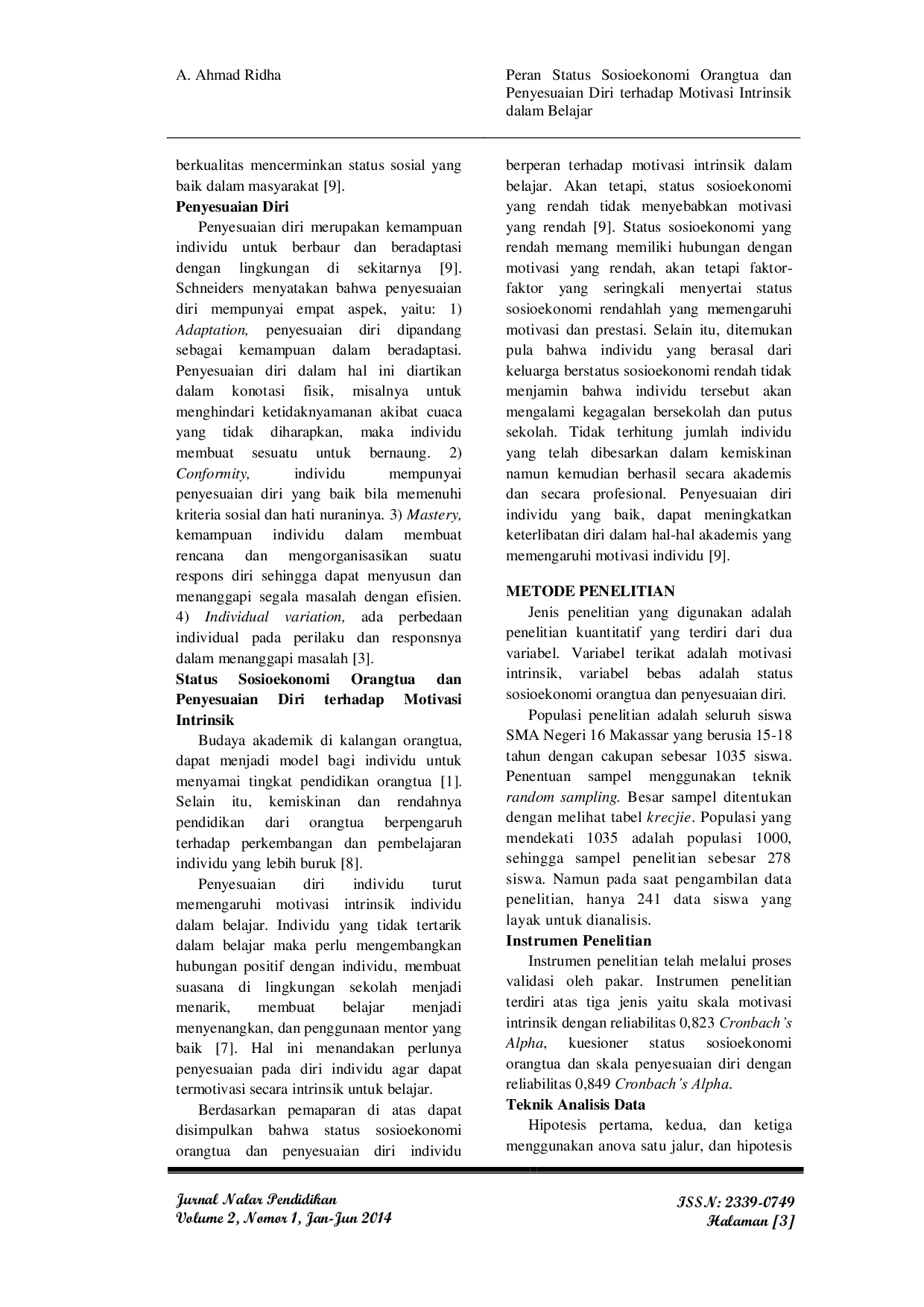 JURIS Peran Status Sosioekonomi Orangtua dan Penyesuaian Diri terhadap Motivasi Intrinsik dalam Belajar