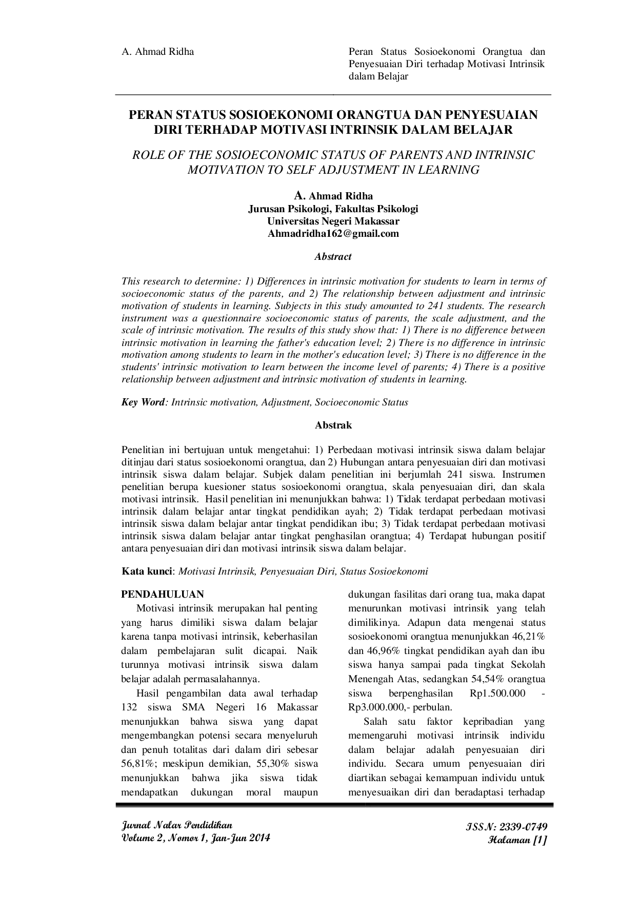 JURIS Peran Status Sosioekonomi Orangtua dan Penyesuaian Diri terhadap Motivasi Intrinsik dalam Belajar