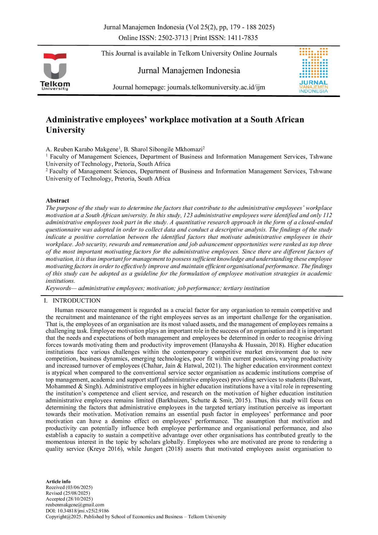 JURIS Administrative employees workplace motivation at a South African University