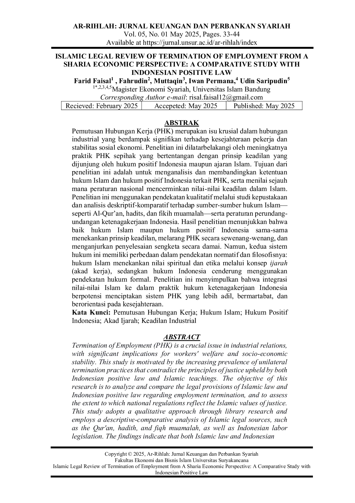 JURIS Tinjauan Hukum Islam Terhadap Pemutusan Hubungan Kerja Dari Perspektif Ekonomi Syariah Studi Komparatif Dengan Hukum Positif Indonesia