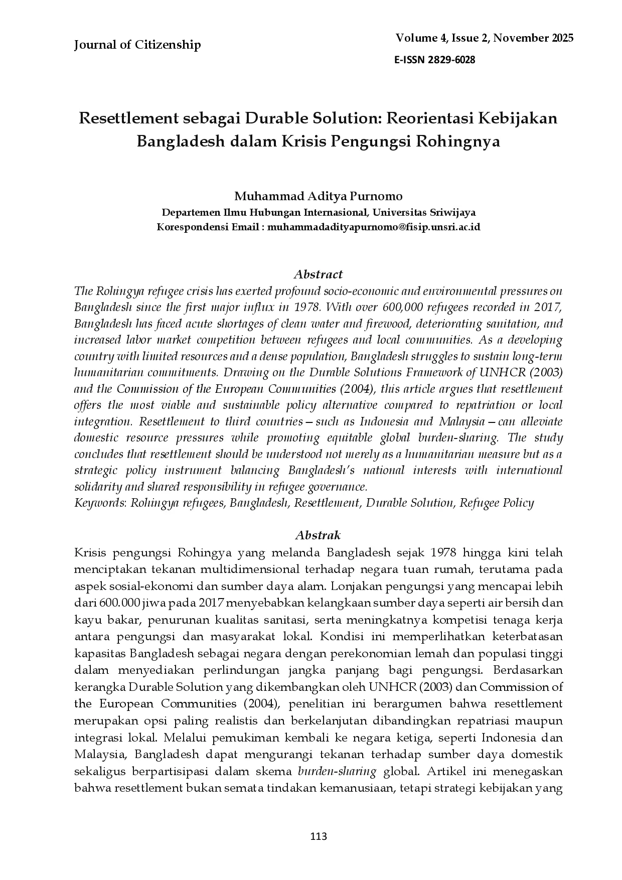 juris Resettlement sebagai Durable Solution Reorientasi Kebijakan Bangladesh dalam Krisis Pengungsi Rohingnya