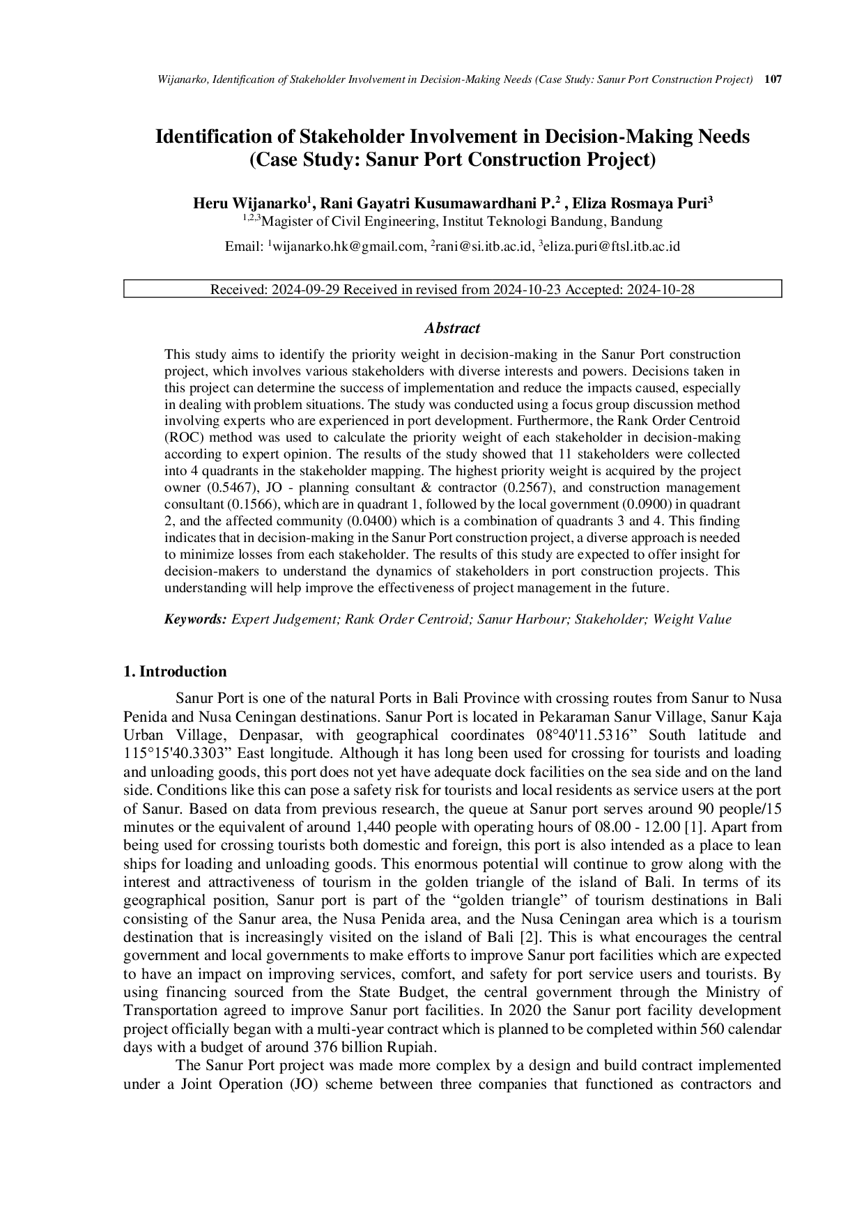 JURIS Identification of Stakeholder Involvement in Decision Making Needs Case Study Sanur Port Construction Project