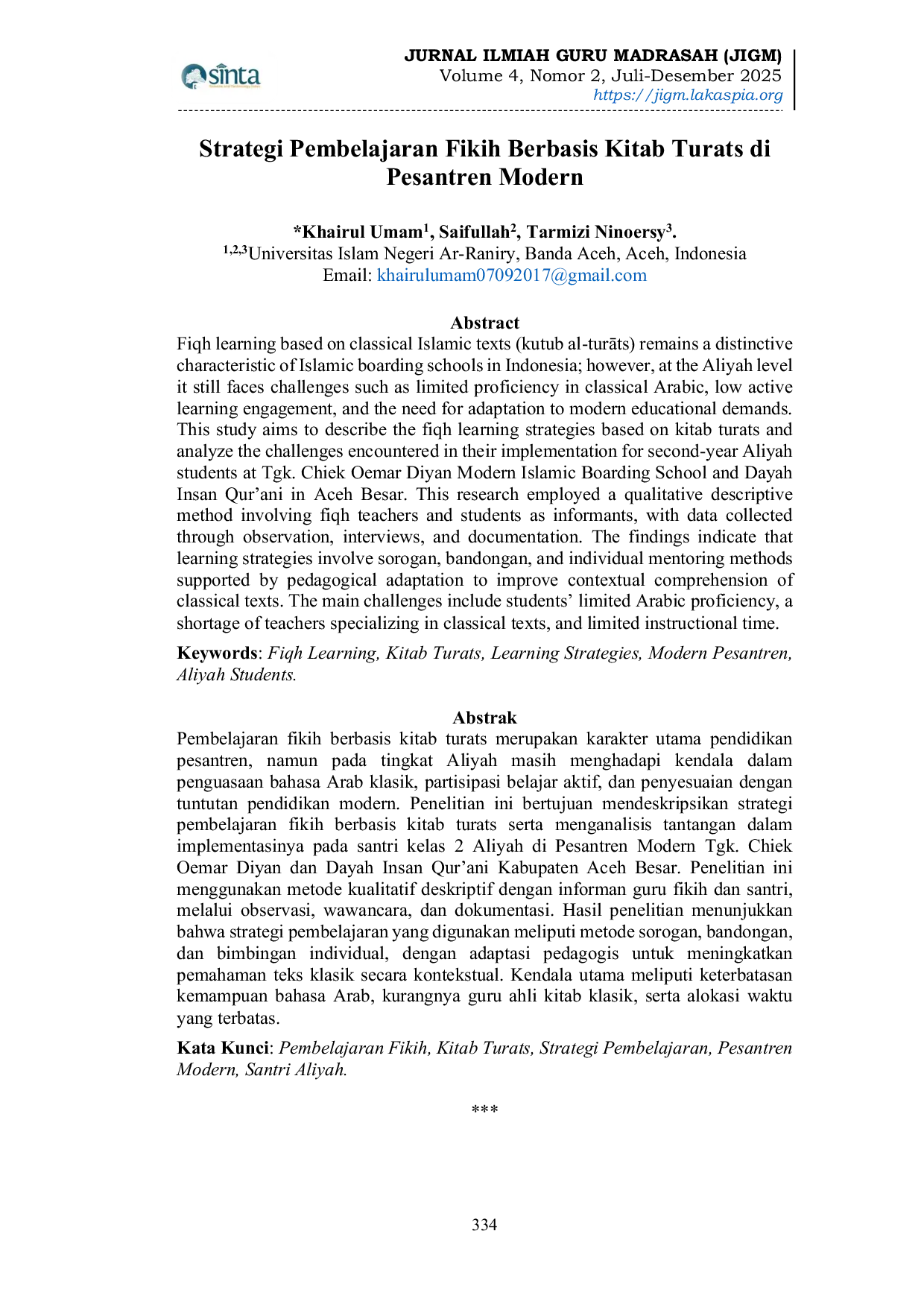 JURIS Strategi Pembelajaran Fikih Berbasis Kitab Turats di Pesantren Modern