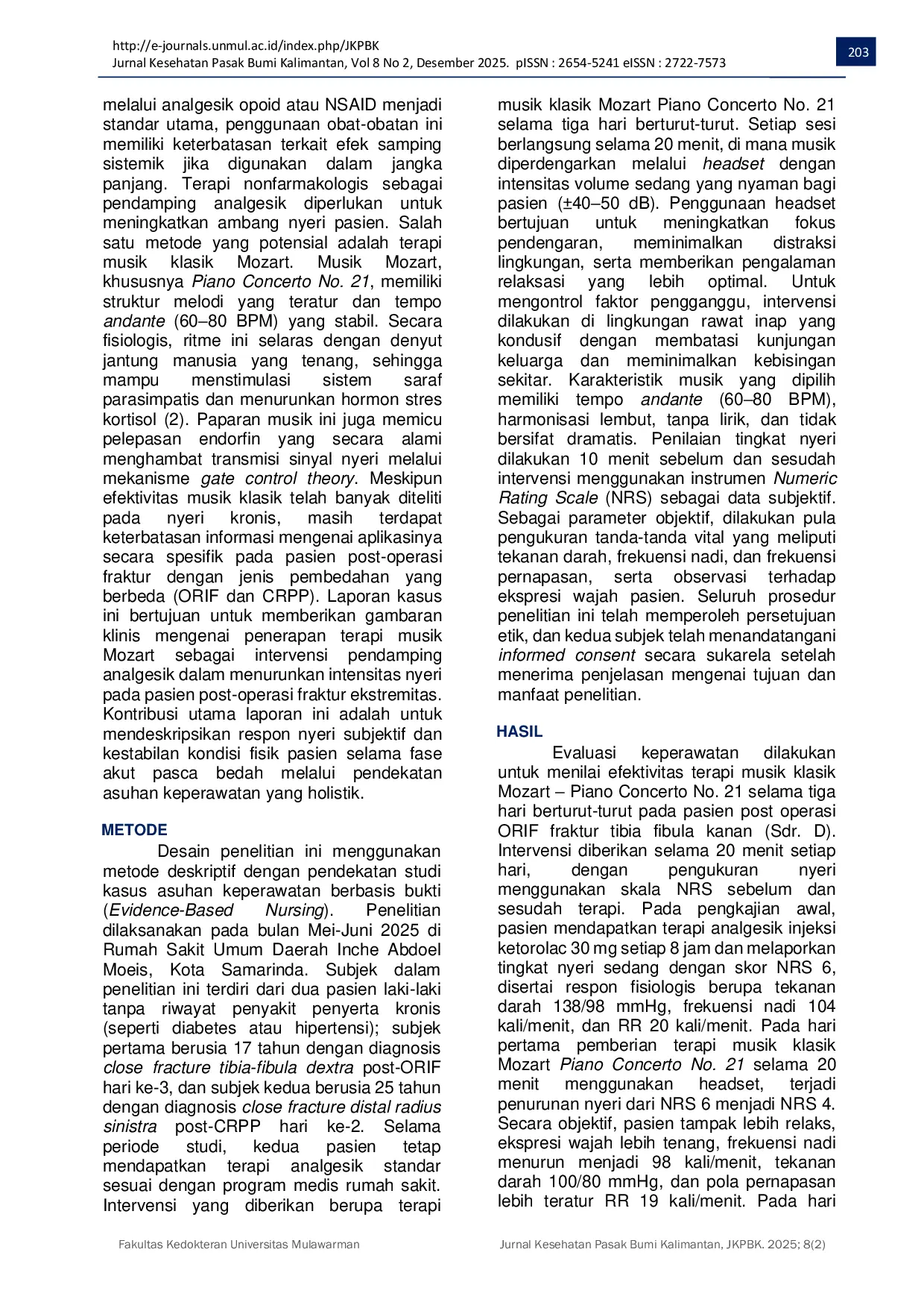 JURIS The Application of Classical Music Therapy in Reducing Pain Levels in Post Operative Fracture Patients