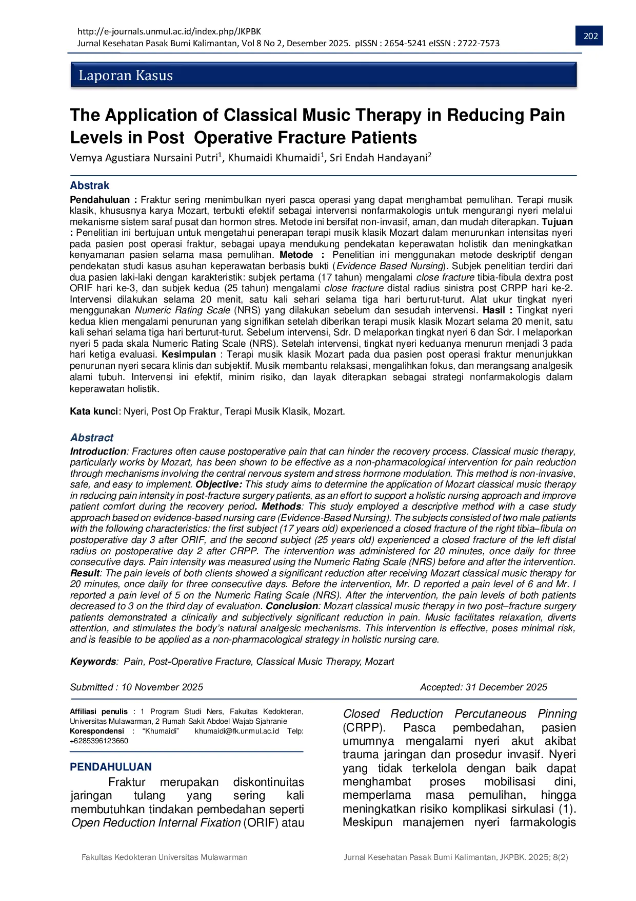 JURIS The Application of Classical Music Therapy in Reducing Pain Levels in Post Operative Fracture Patients