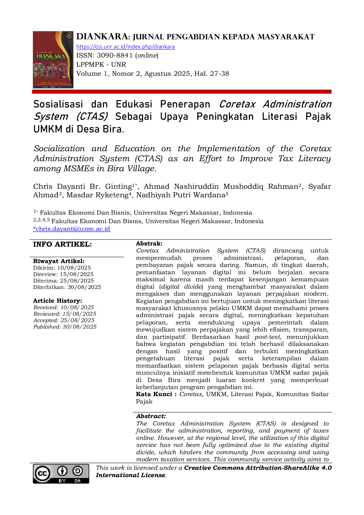 JURIS Socialization and Education on the Implementation of the Coretax Administration System CTAS as an Effort to Improve Tax Literacy among MSMEs in Bira Village