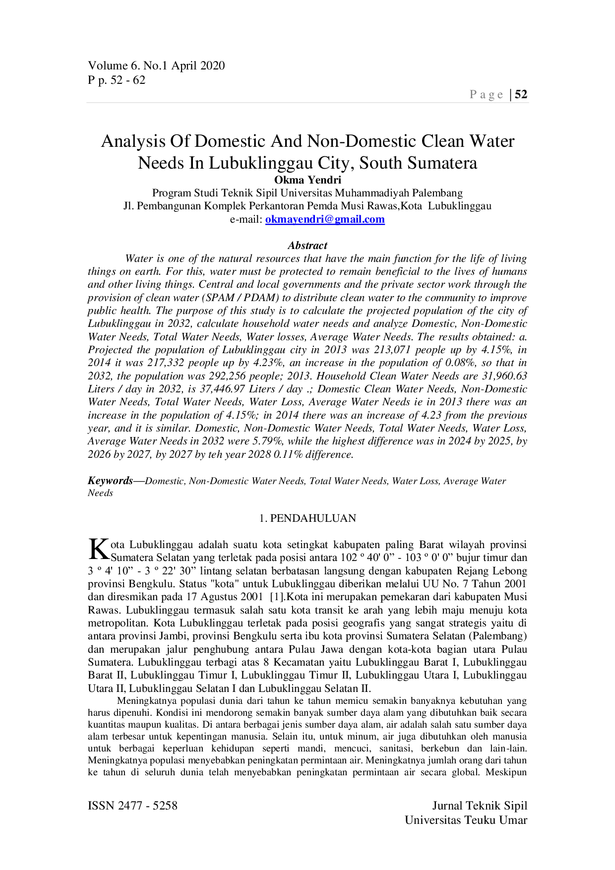 JURIS Analysis Of Domestic And Non Domestic Clean Water Needs In Lubuklinggau City South Sumatera