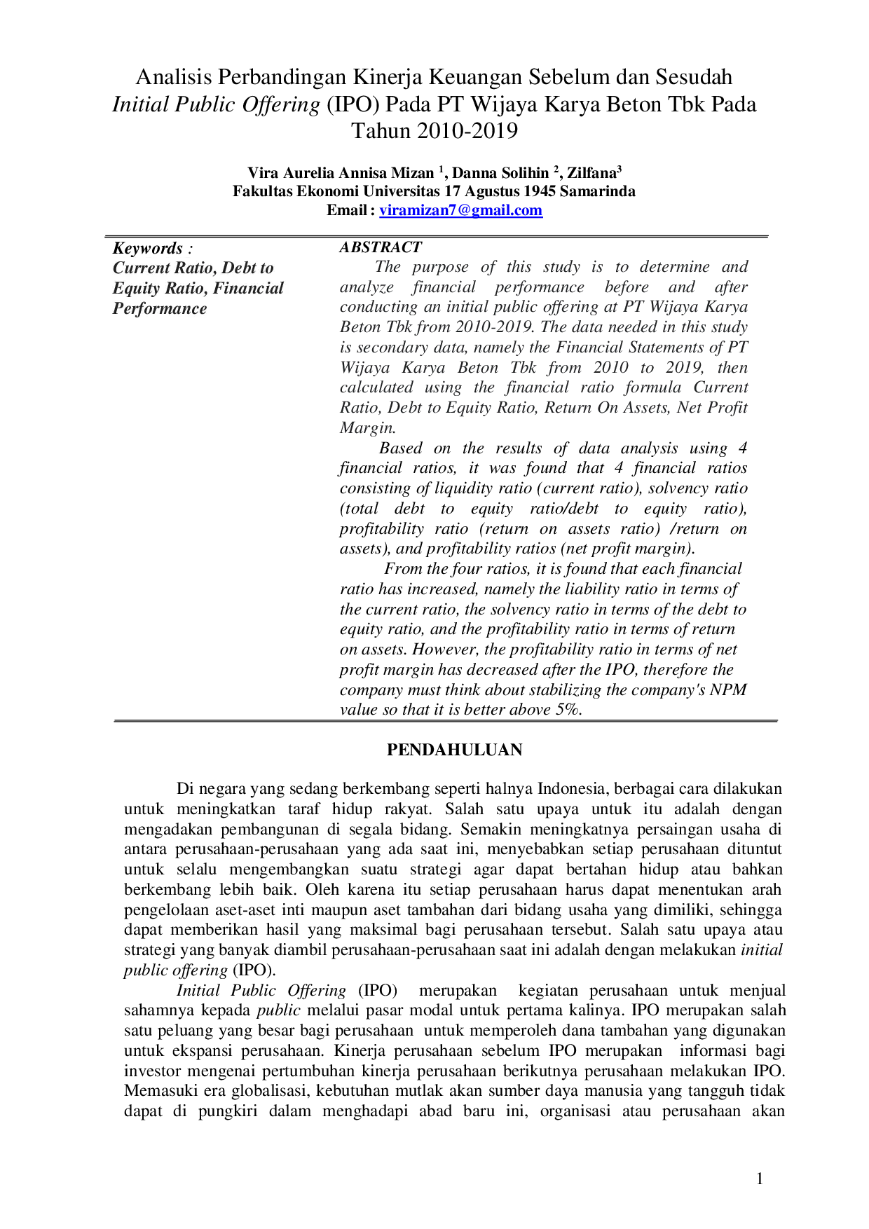 JURIS Analisis Perbandingan Kinerja Keuangan Sebelum dan Sesudah Initial Public Offering IPO Pada PT Wijaya Karya Beton Tbk Pada Tahun 2010 2019