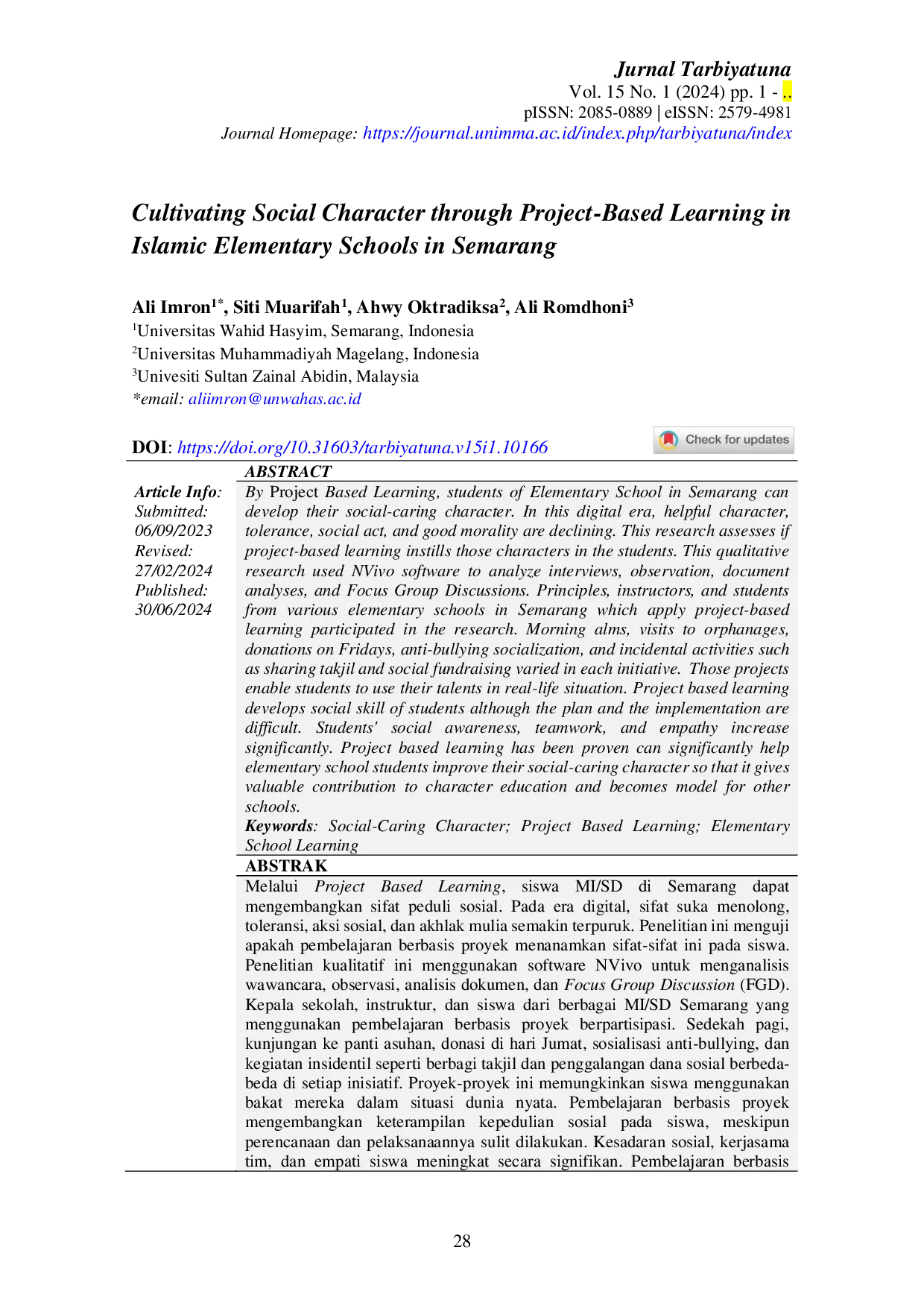 JURIS Cultivating Social Character through Project Based Learning in Islamic Elementary Schools in Semarang