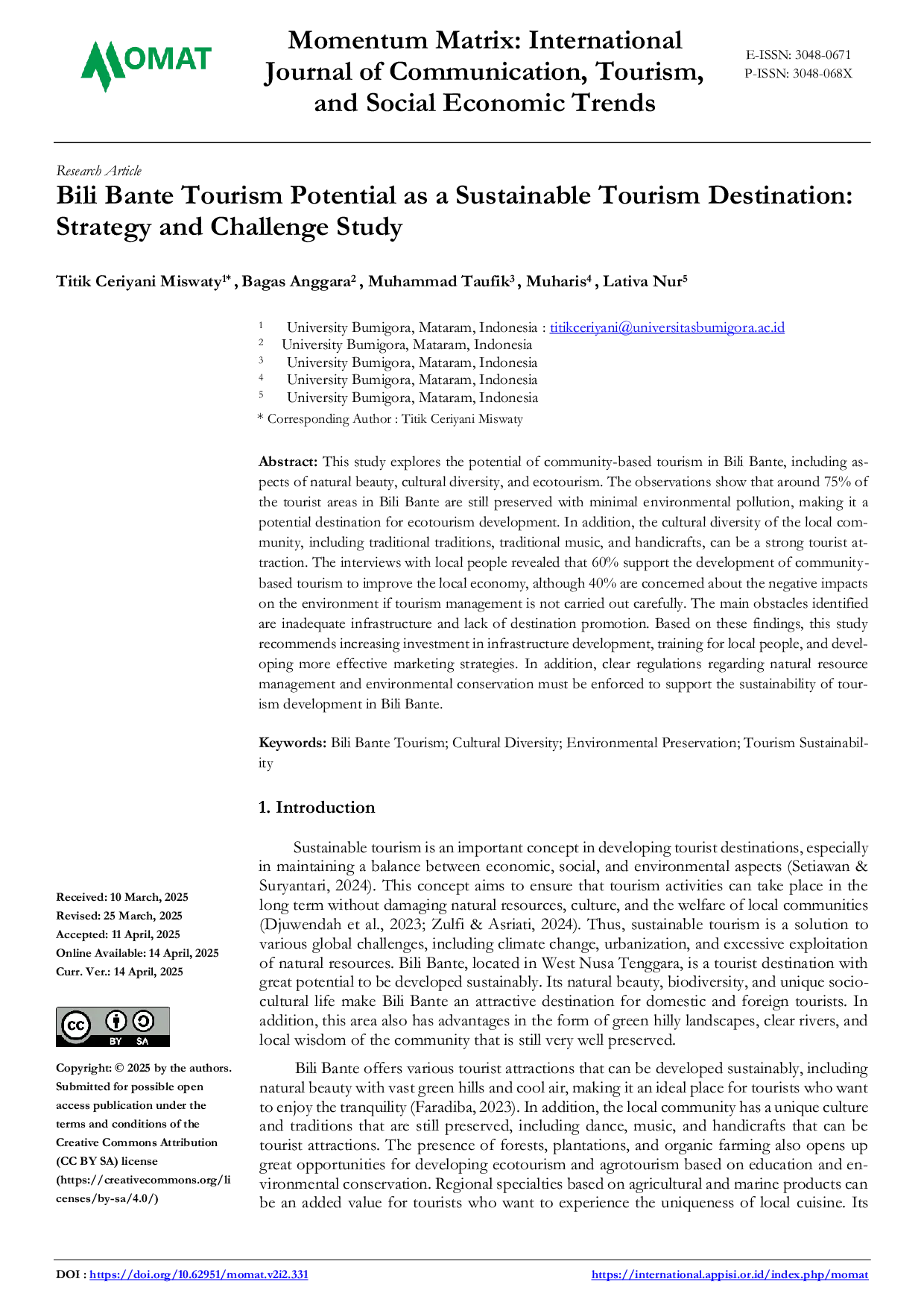 JURIS Bili Bante Tourism Potential as a Sustainable Tourism Destination Strategy and Challenge Study