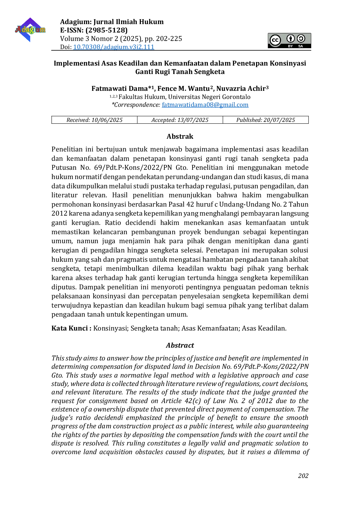 JURIS Implementasi Asas Keadilan dan Kemanfaatan dalam Penetapan Konsinyasi Ganti Rugi Tanah Sengketa