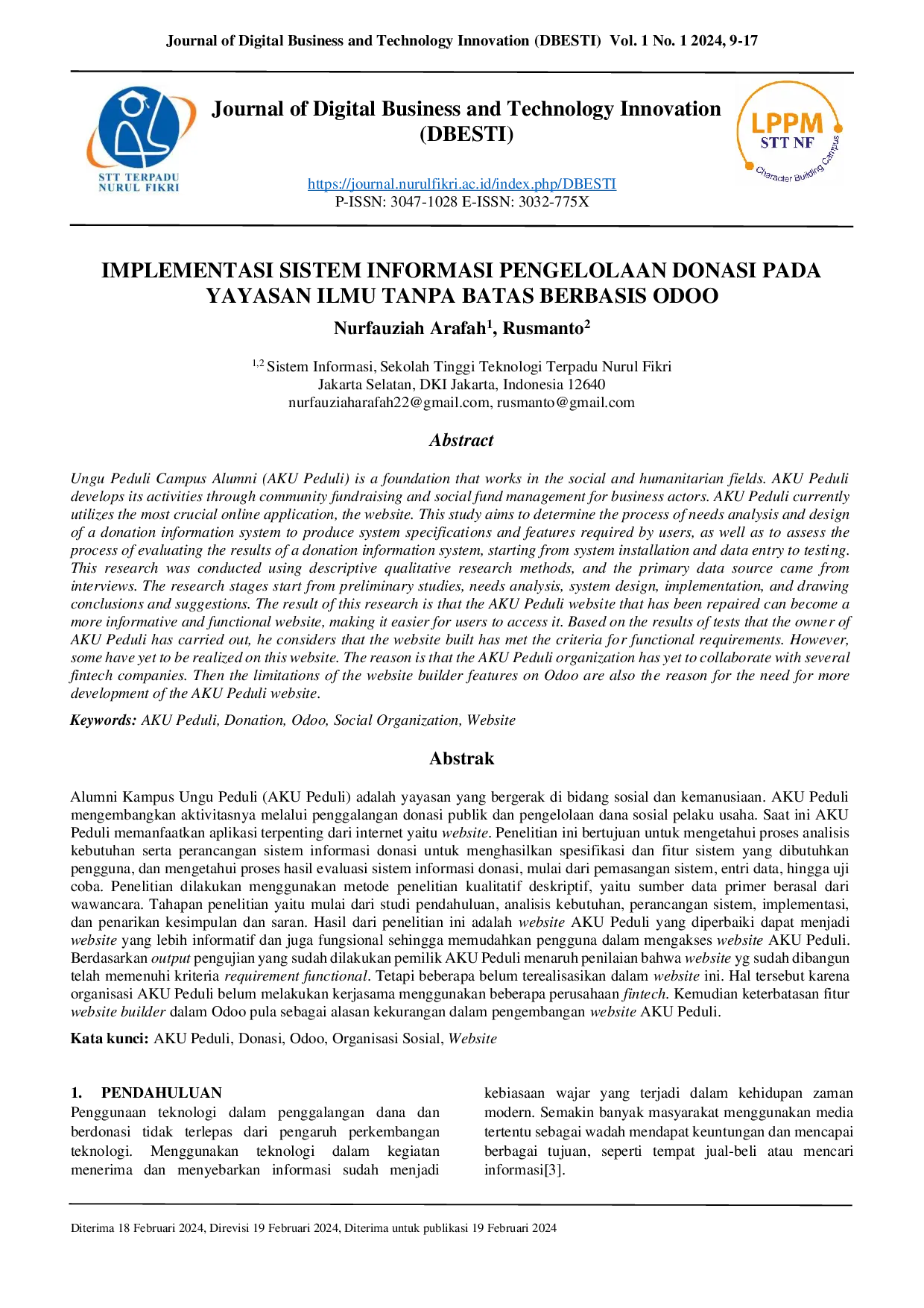 JURIS Implementasi Sistem informasi Pengelolaan Donasi pada Yayasan Ilmu Tanpa Batas berbasis Odoo