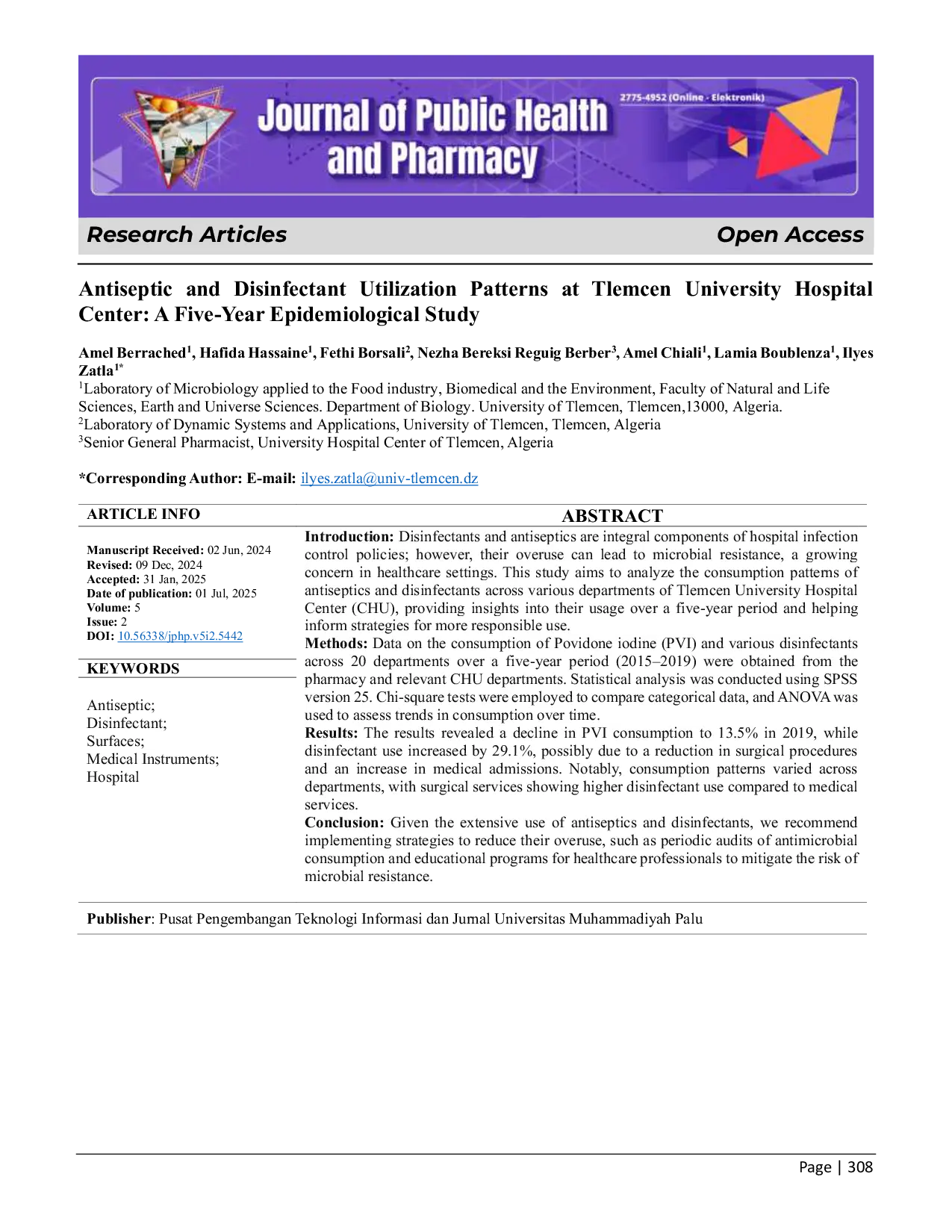 JURIS Pola Penggunaan Antiseptik Dan Desinfektan Di Pusat Rumah Sakit Universitas Tlemcen Studi Epidemiologi Lima Tahun