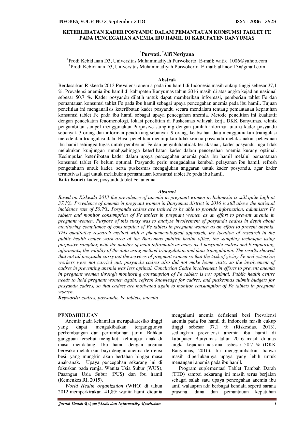 juris Keterlibatan Kader Posyandu dalam Pemantauan Konsumsi Tablet Fe pada Pencegahan Anemia Ibu Hamil di Kabupaten Banyumas