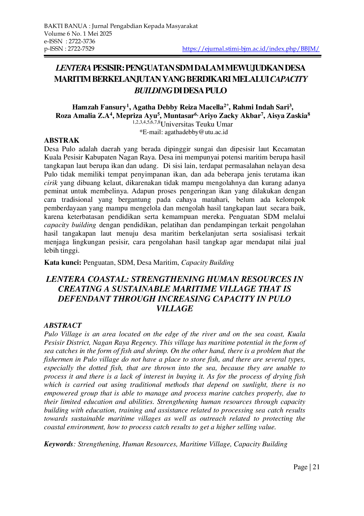 JURIS LENTERA PESISIR PENGUATAN SDM DALAM MEWUJUDKAN DESA MARITIM BERKELANJUTAN YANG BERDIKARI MELALUI CAPACITY BUILDING DI DESA PULO