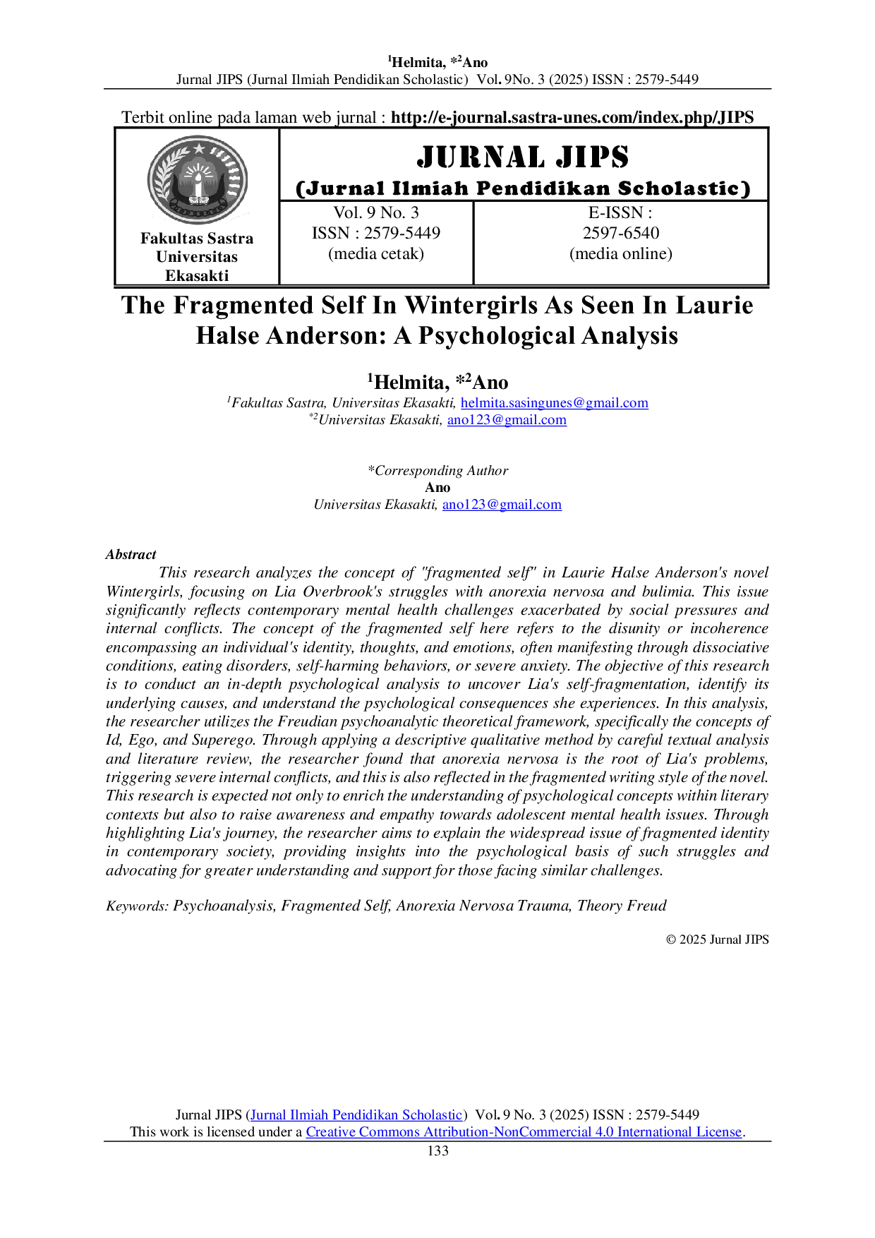 JURIS The Fragmented Self In Wintergirls As Seen In Laurie Halse Anderson A Psychological Analysis